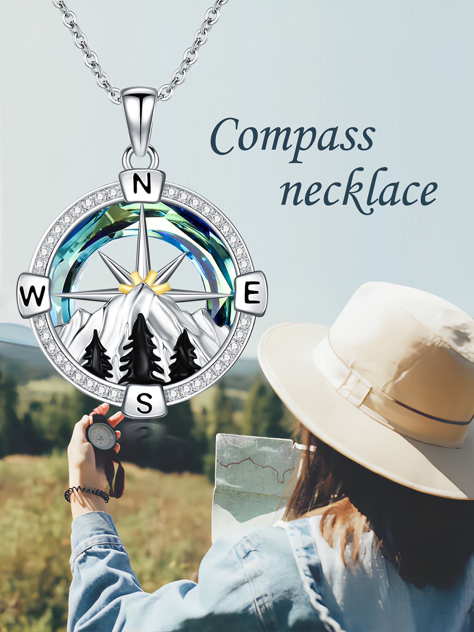 🧭 Mountain Compass Necklace – 925 Sterling Silver “I’d Be Lost Without You” Pendant Jewelry with Crystal | Birthday & Anniversary Gifts for Women