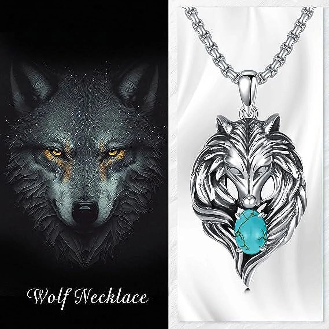 Wolf Necklace – 925 Sterling Silver with Turquoise Pendant, Men’s Wolf Jewelry Gift