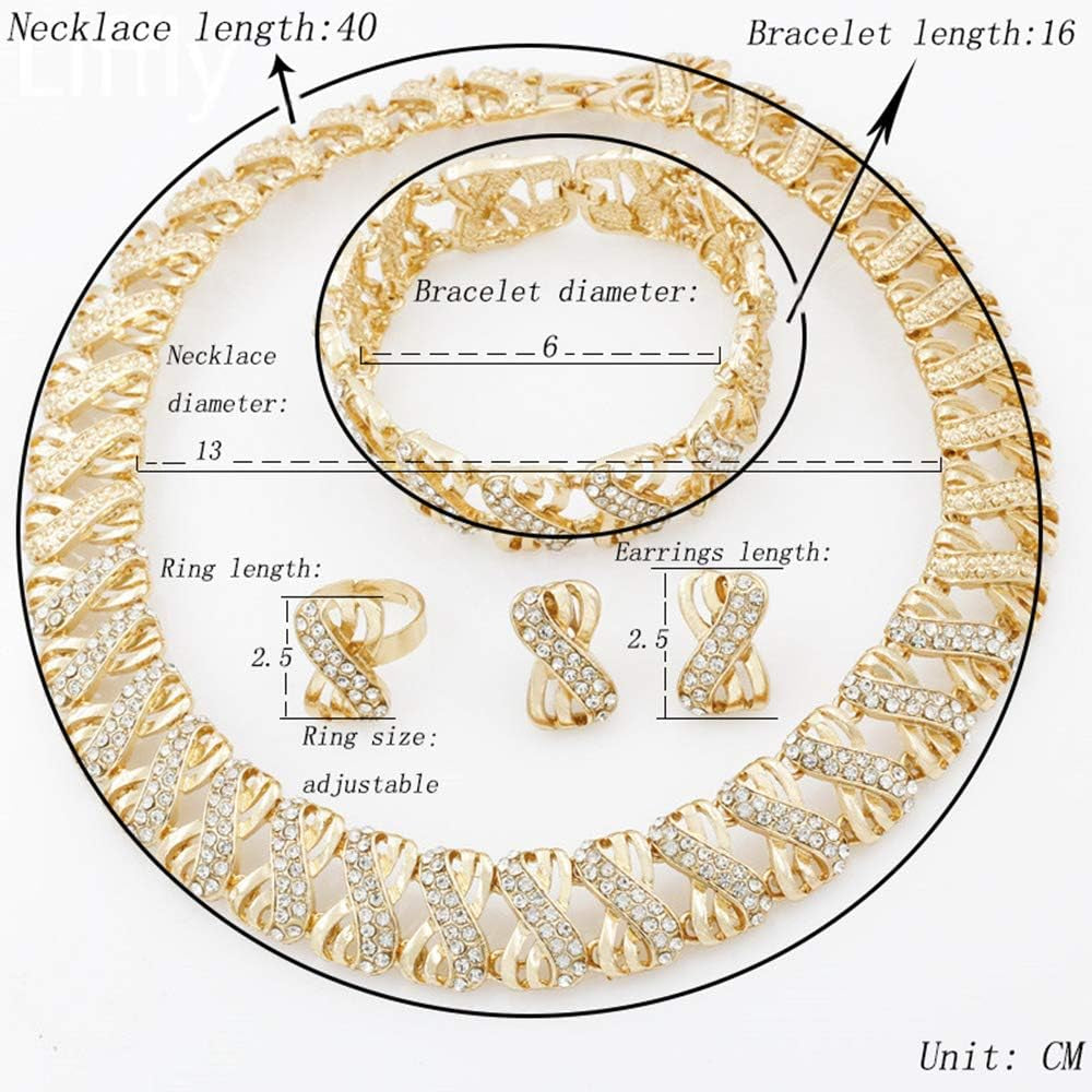 Liffly 18K Gold Tone Crystal Jewelry Set – Necklace, Earrings, Bracelet & Adjustable Ring for Women