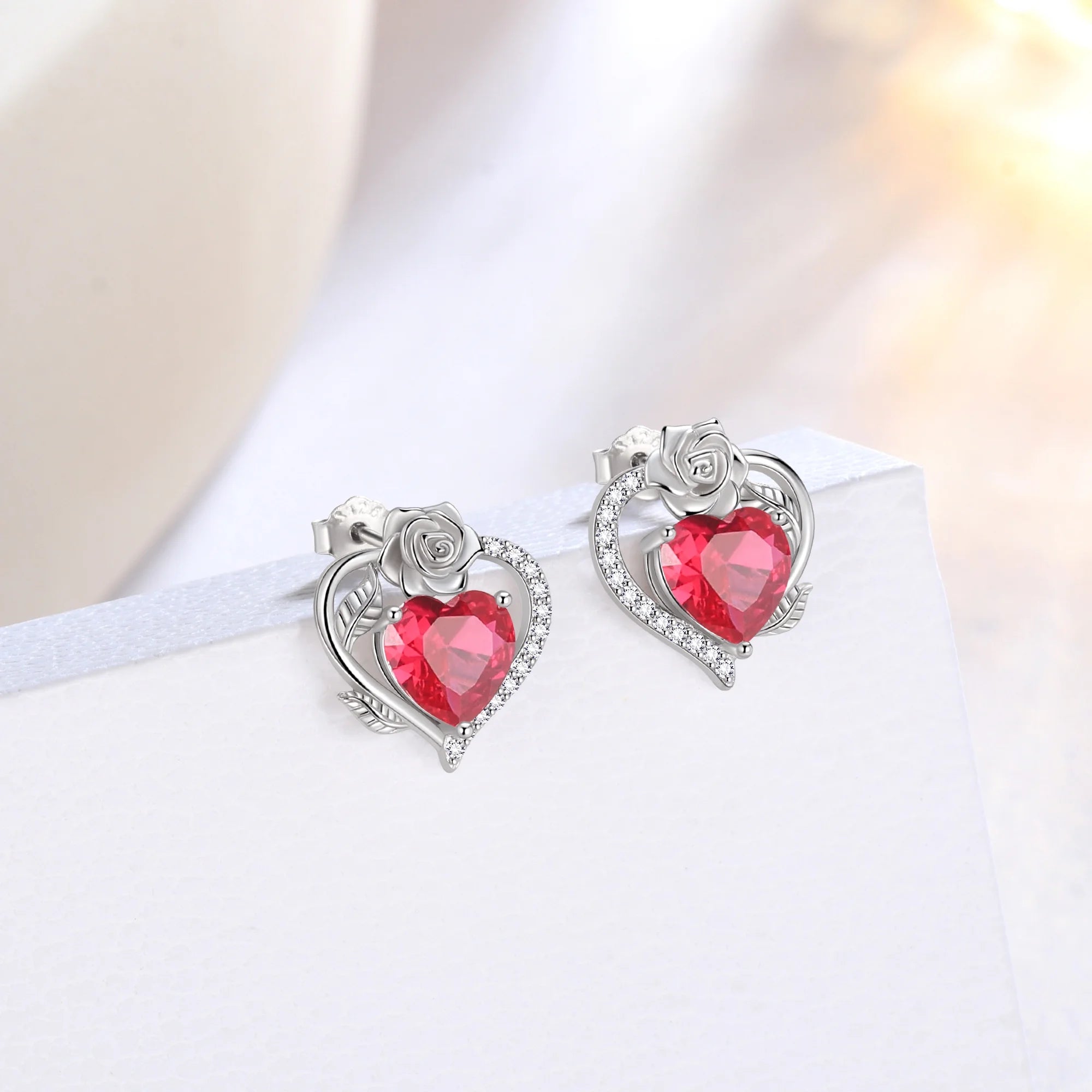 Rose Heart Birthstone Earrings – July Birthstone Studs with Rose Flower Design in 925 Sterling Silver | Elegant Jewelry Gift for Women
