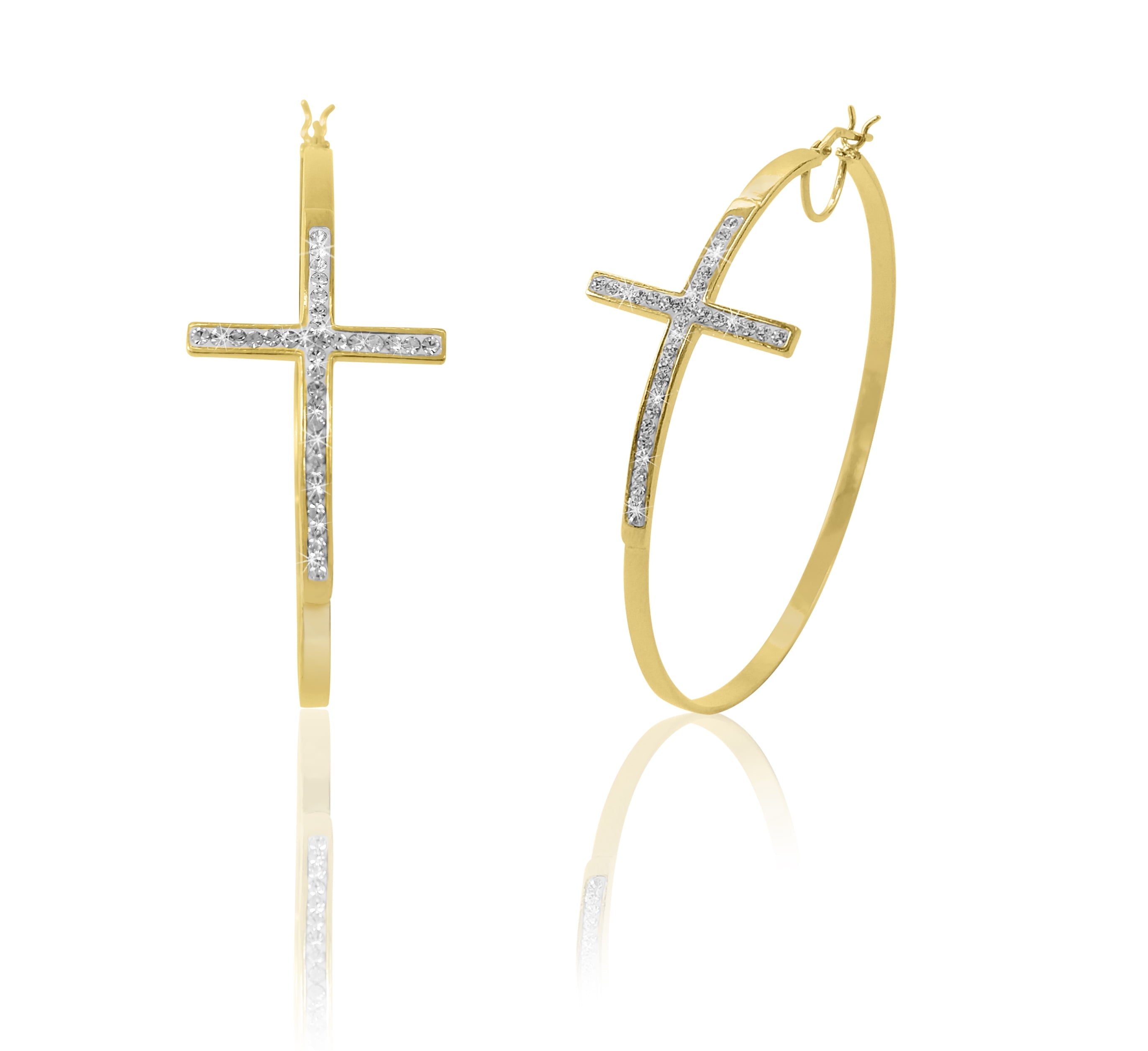 Women’s 14K Gold Plated Sterling Silver Crystal Cross Round Hoop Earrings – Adult Fashion Jewelry