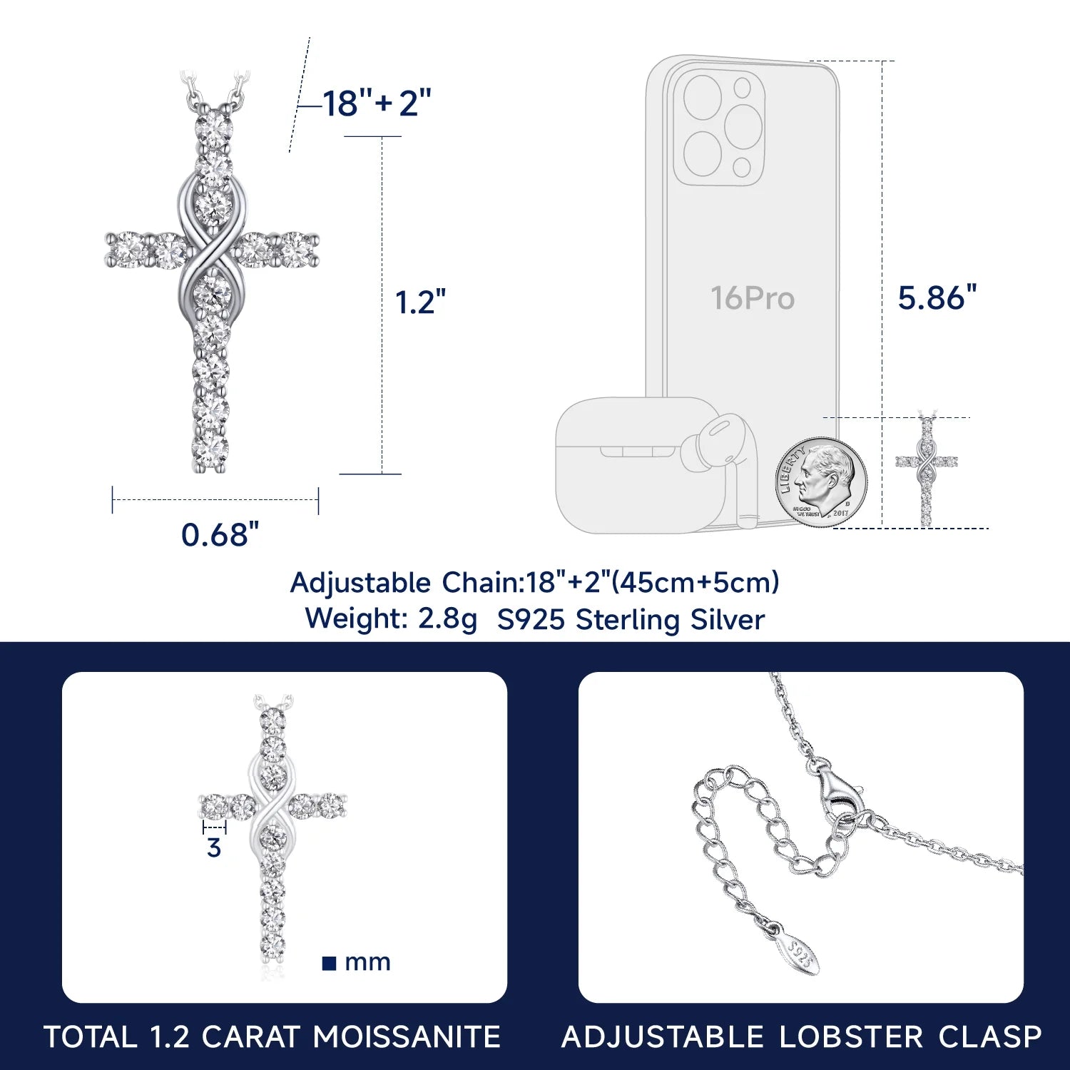 Cross Necklace for Women – 1 Carat Moissanite Sterling Silver Pendant | Christian Jewelry Gift