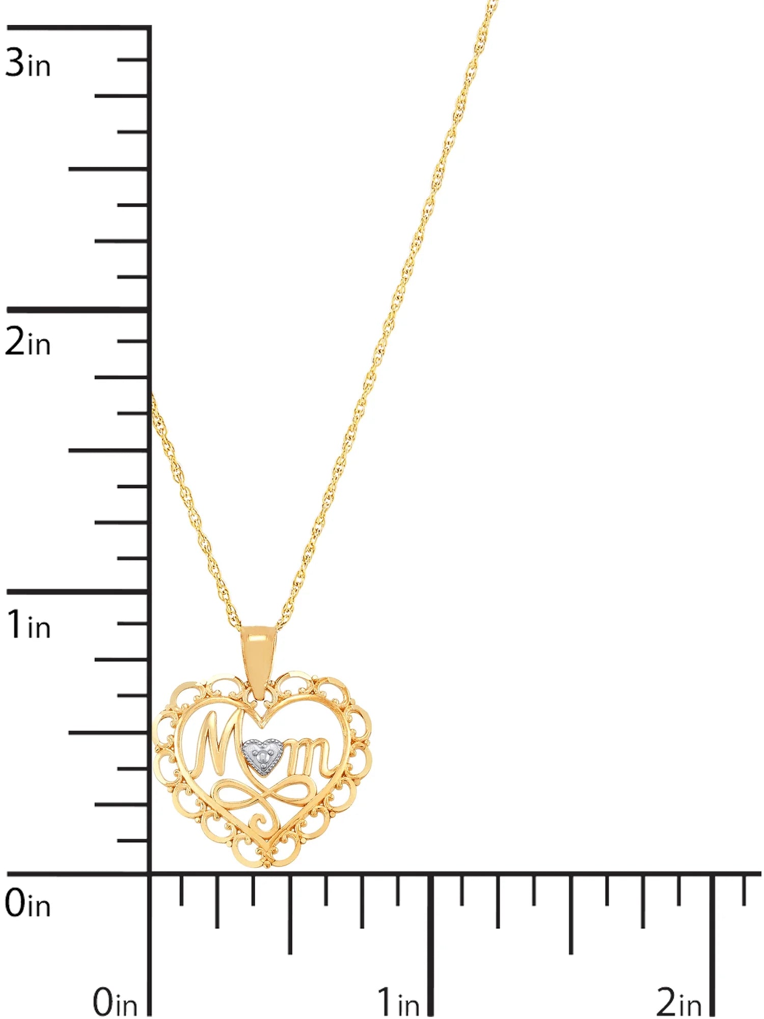 10K Yellow Gold “Mom” Heart Pendant with Rhodium Filigree – 18" Gold Filled Chain