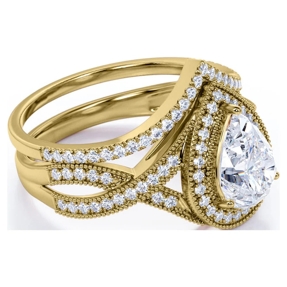 1.5 Carat Pear Cut Moissanite Wedding Set – Art Deco Halo Bridal Ring in 18K Yellow Gold over Silver