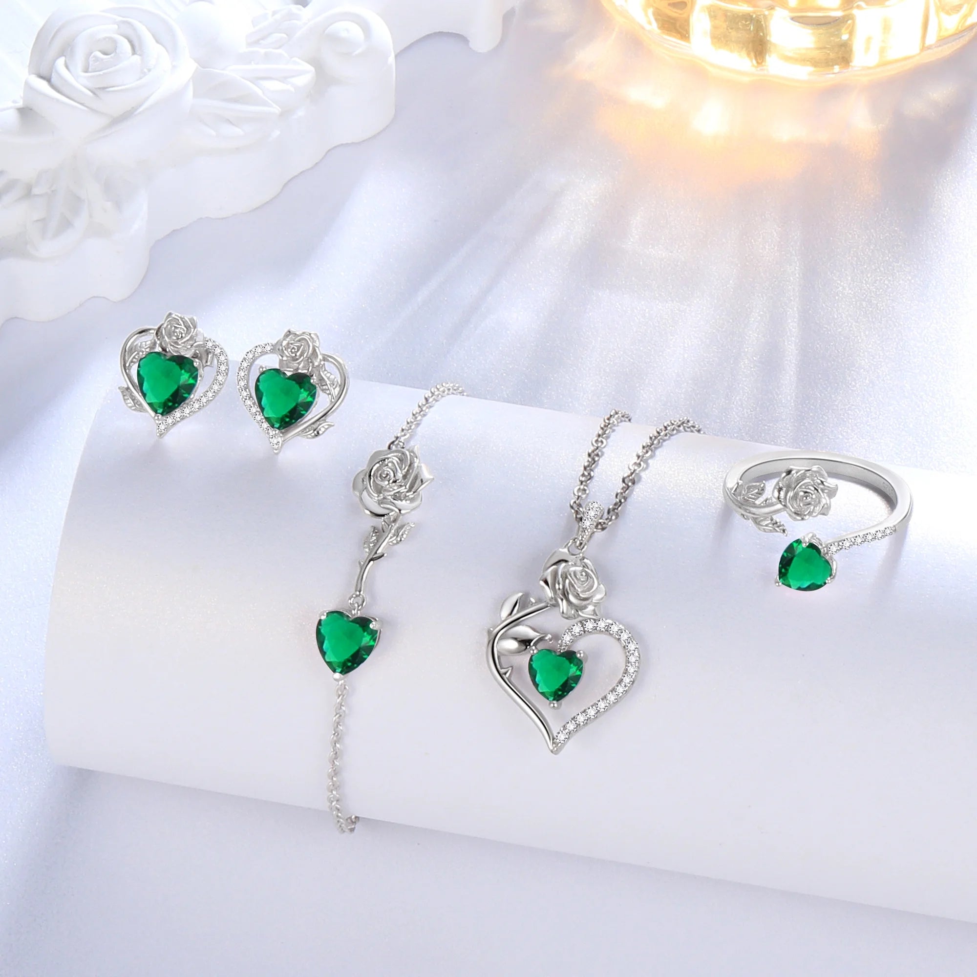 Rose Heart Jewelry Set – May Birthstone Rose Flower Necklace, Earrings, Ring & Bracelet in 925 Sterling Silver | Gift for Women, Mom