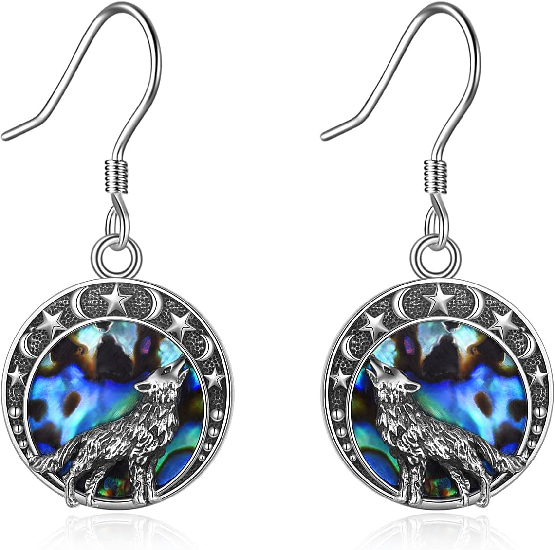 Sterling Silver Wolf Moon Star Dangle Earrings – Jewelry Gift for Women, Christmas & Special Occasions