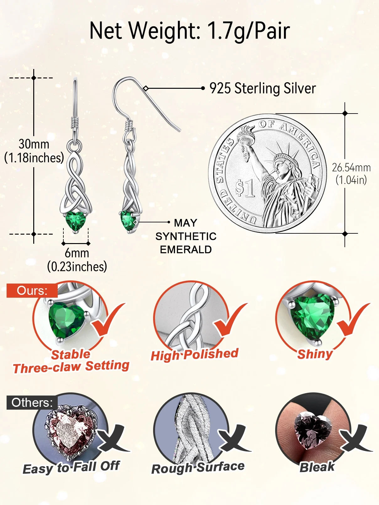 💚 925 Sterling Silver Jewelry Set for Women – May Emerald Birthstone Heart Celtic Knot Necklace & Drop Earrings | Dainty Jewelry Gift for Mom, Daughter, Wife, or Friend