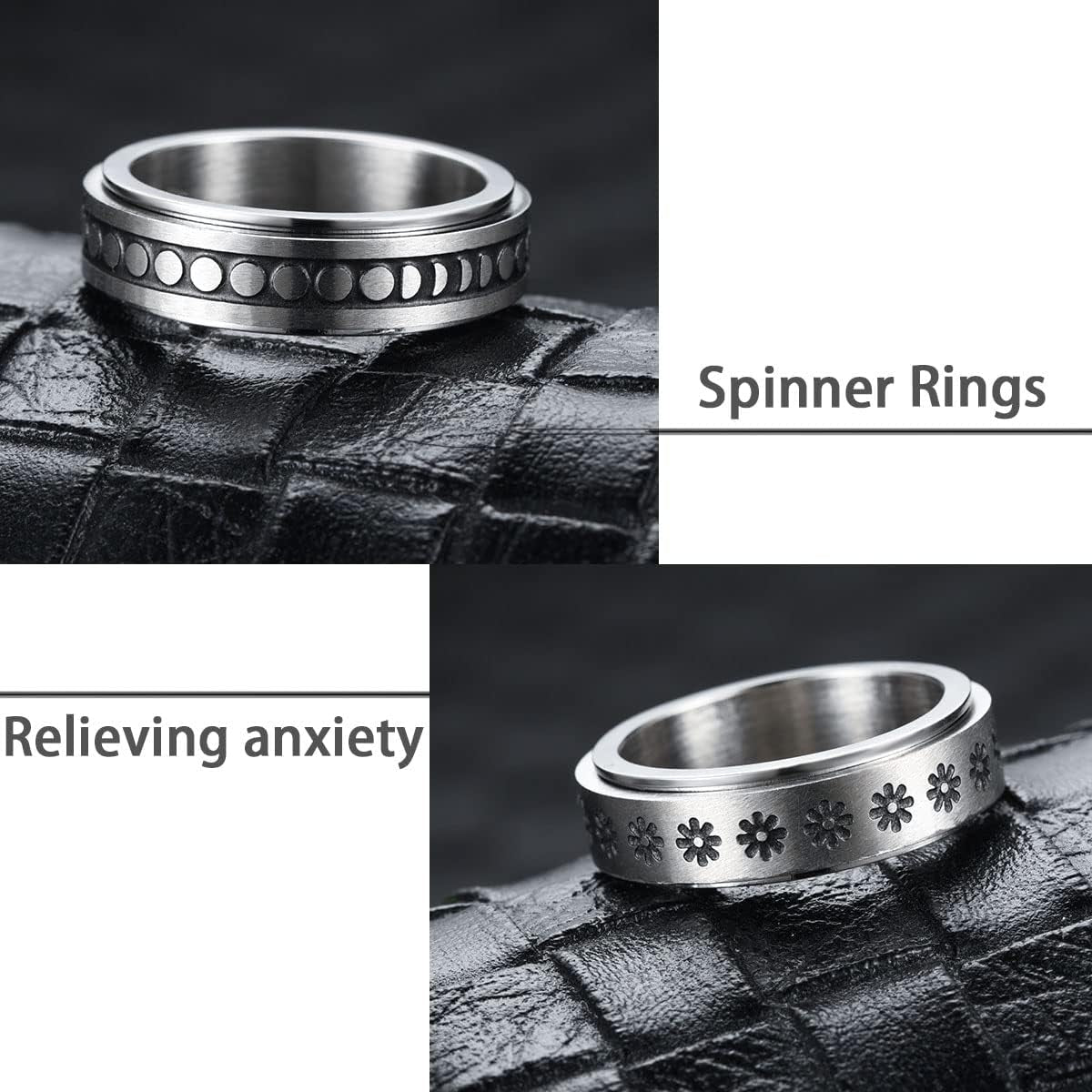 4PCS Stainless Steel Band Rings for Men – Black Spinner & Plain Wedding Ring Set