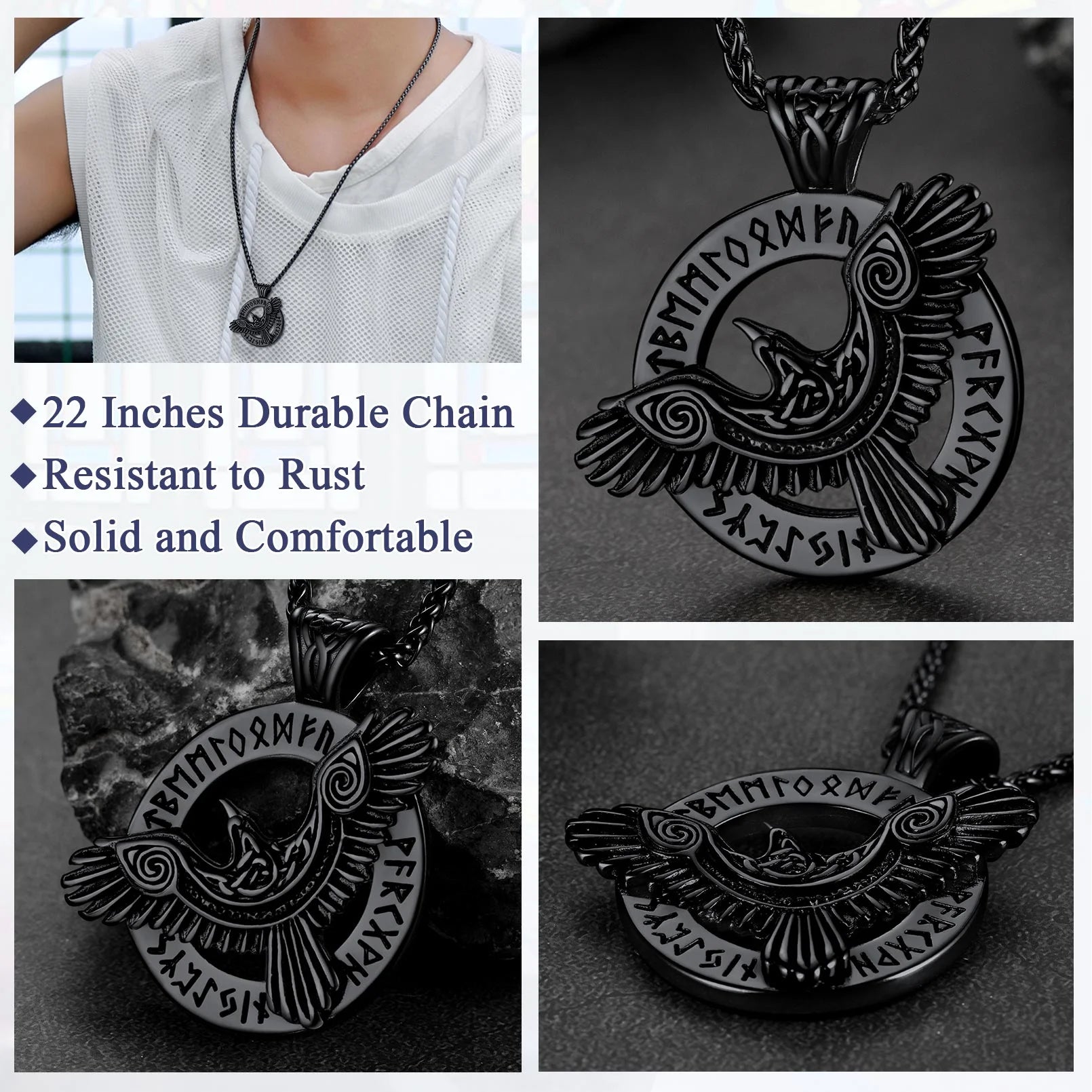 π‘οΈ Viking Raven Necklace for Men β Black Stainless Steel Norse Rune Pendant | Retro Crow Amulet Jewelry Gift for Friends, Sons, Grandsons, or Birthdays