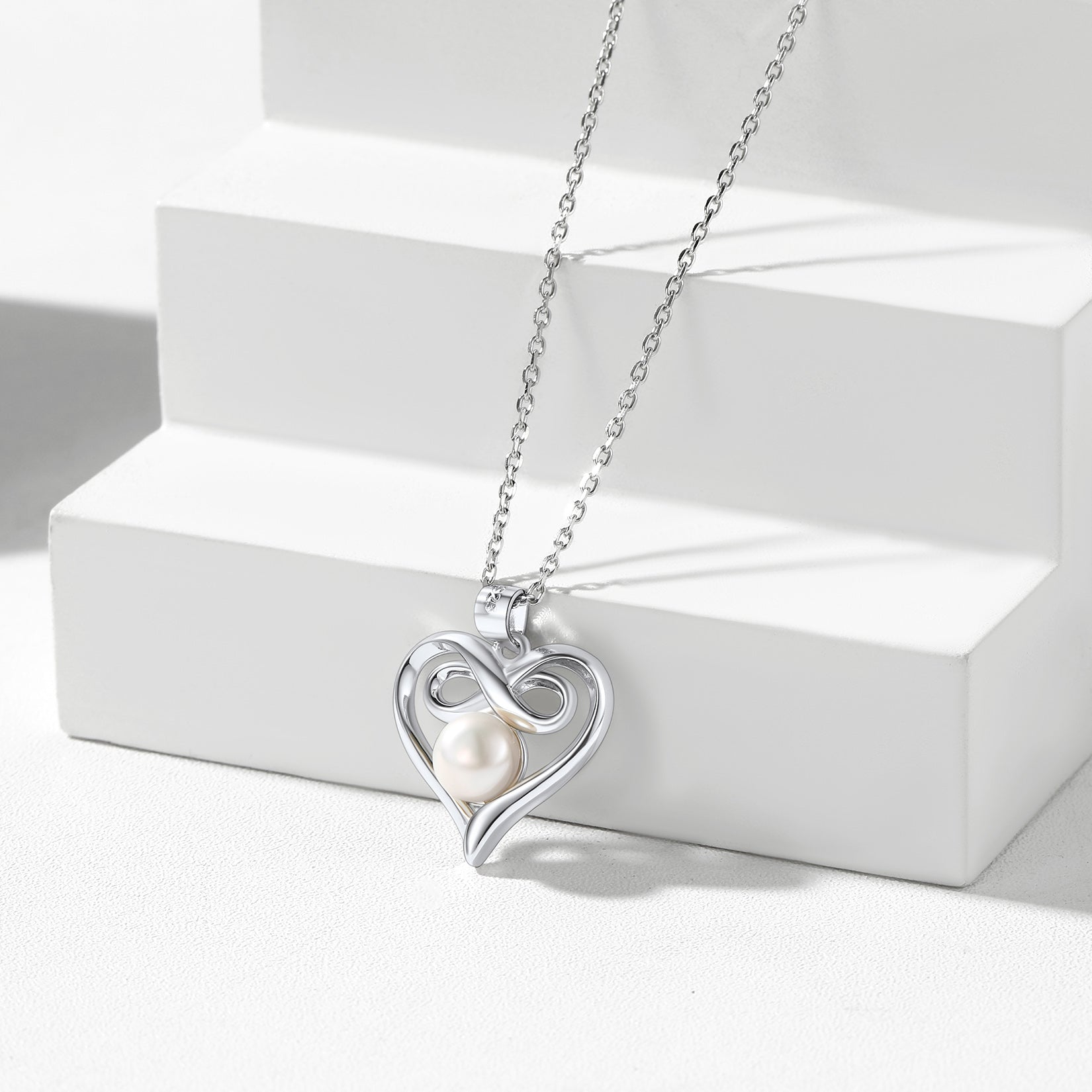Sterling Silver Heart Infinity Necklace with Freshwater Pearl – Elegant Gift for Her