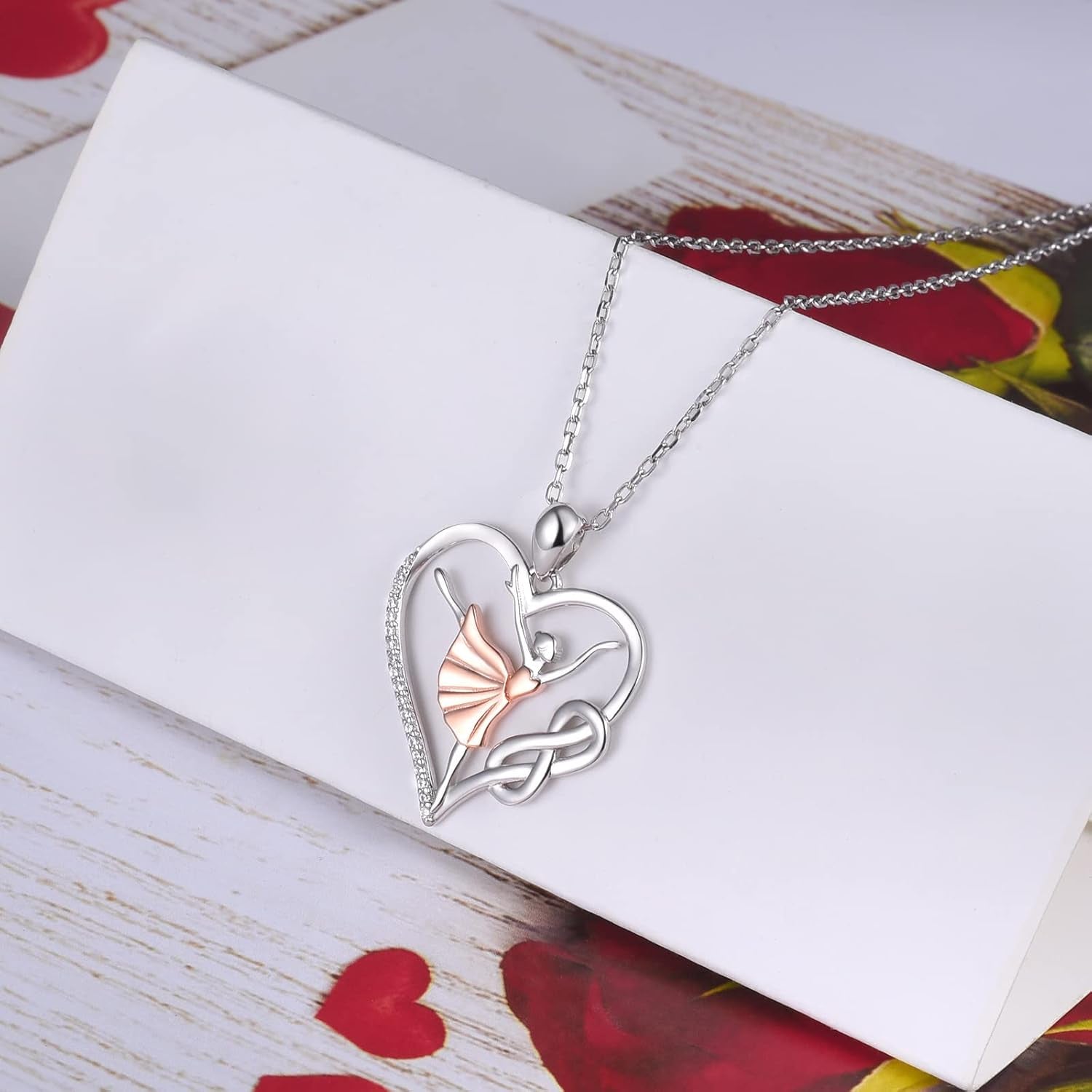 Ballet Dancer Necklace – 925 Sterling Silver Heart Ballerina Infinity CZ Pendant for Women