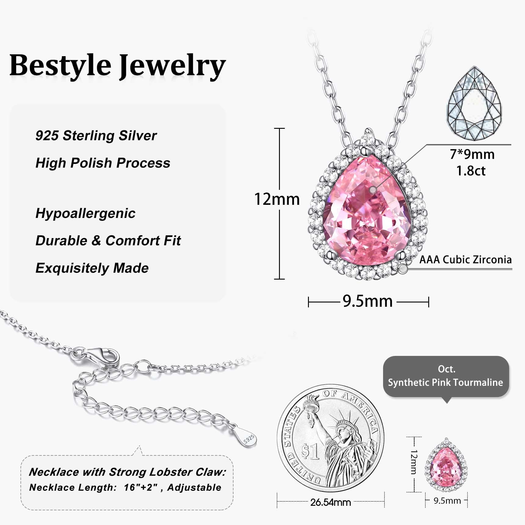 Created Diamond October Tourmaline Teardrop Birthstone Pendant Necklace – Women’s Sterling Silver CZ Jewelry Gift