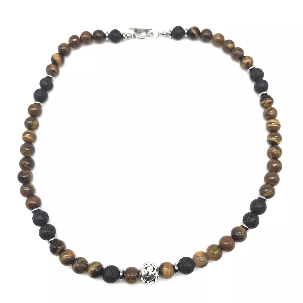 Men’s 8mm Natural Tiger Eye Lava Bead Necklace – Stainless Steel Toggle Clasp, 18/20/24"