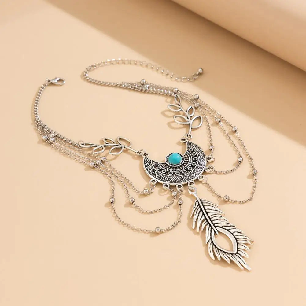 Women’s Arm Chain Feather Shape Bohemian Retro Leaf Tassel Faux Turquoise Arm Bracelet – Beach Party & Wedding Jewelry Accessory