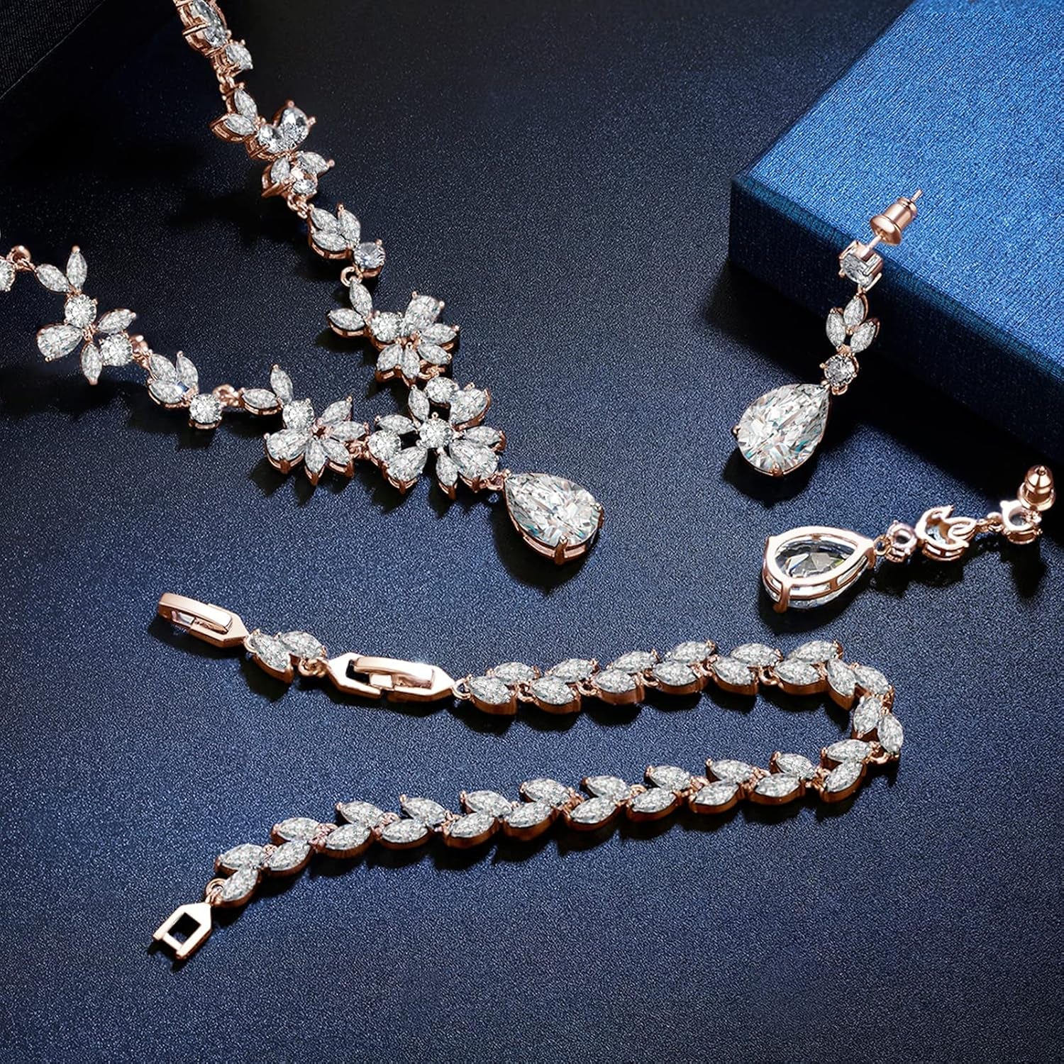 Wedding Jewelry Set – Silver Necklace, Earrings & Bracelet with Clear Cubic Zirconia for Bride & Bridesmaids