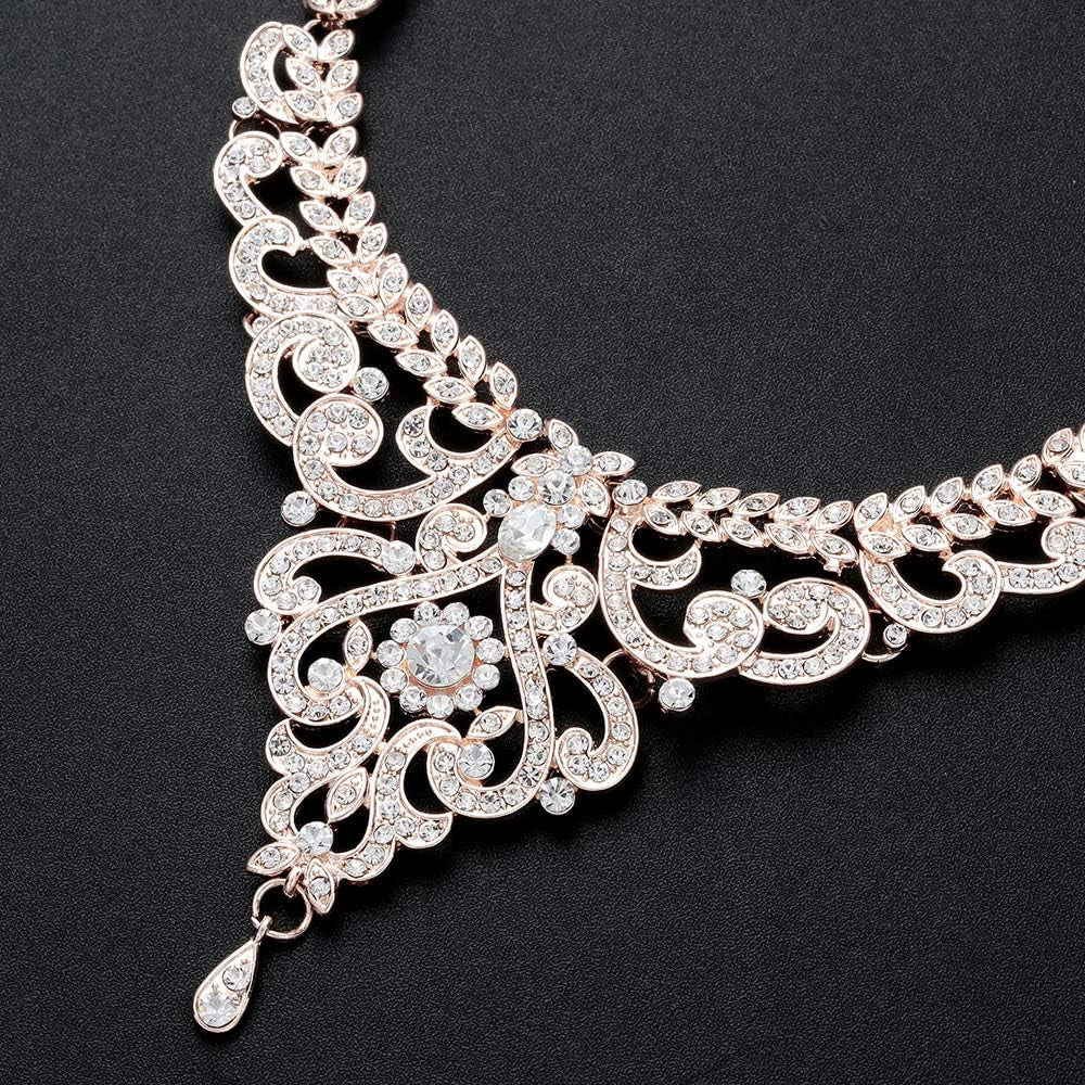 Crystal Wedding Jewelry Set for Women – Rose Gold & Silver Bridal Necklace and Earrings Set – Elegant Statement Jewelry for Brides