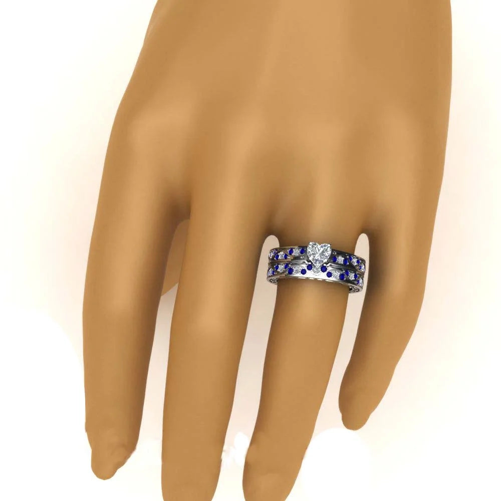 2 Matching Rings Set – White Gold Plated Heart-Shaped CZ Women’s Wedding Rings & Blue Plated Tungsten Men’s Band