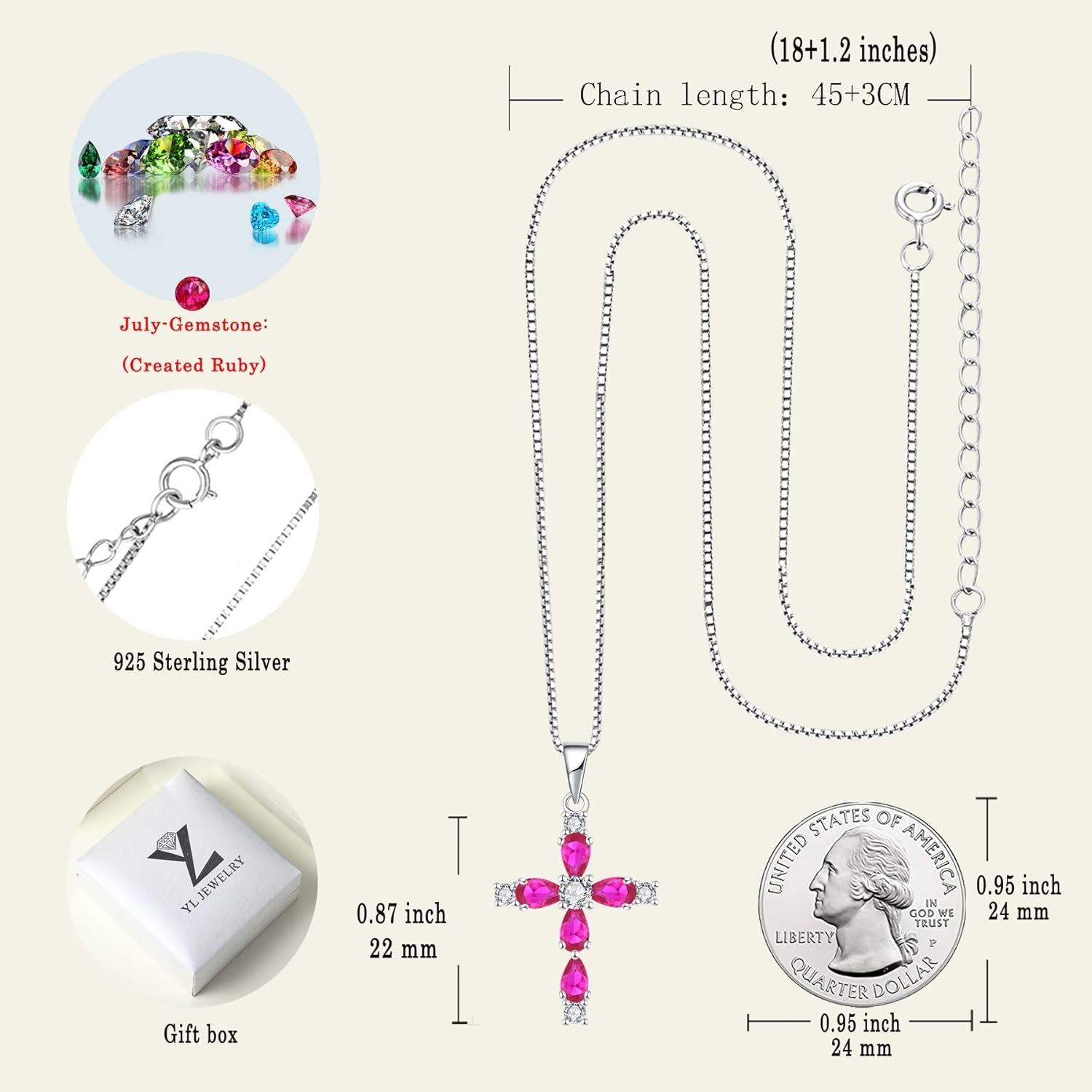 925 Sterling Silver Cross Necklace for Women – Halo Gemstone Birthstone Pendant, Religious Jewelry for Mom