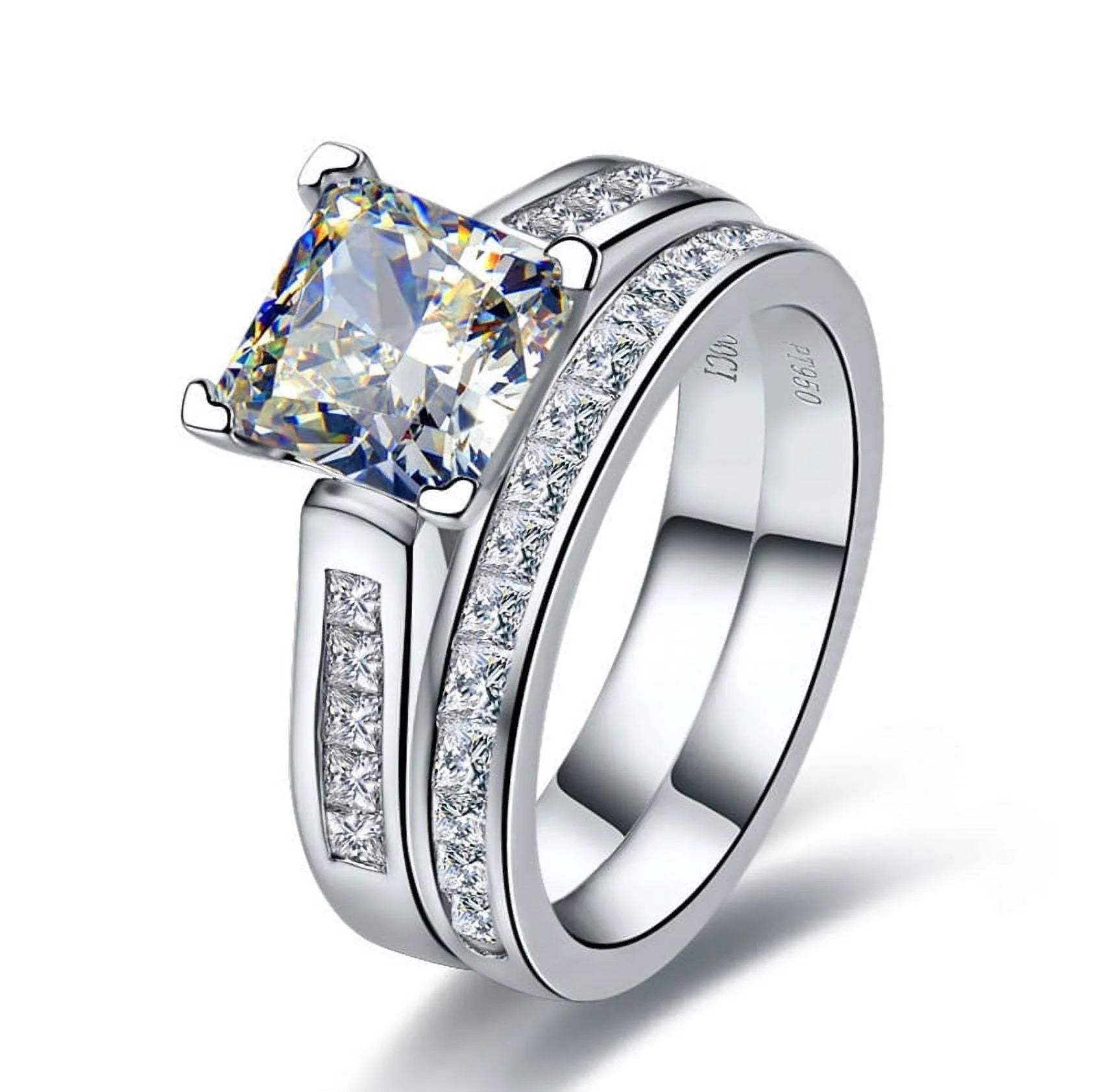 2 Carat Princess Cut Moissanite Wedding Set – Bridal Engagement Ring, Channel & Cluster Design in 18K White Gold over Silver