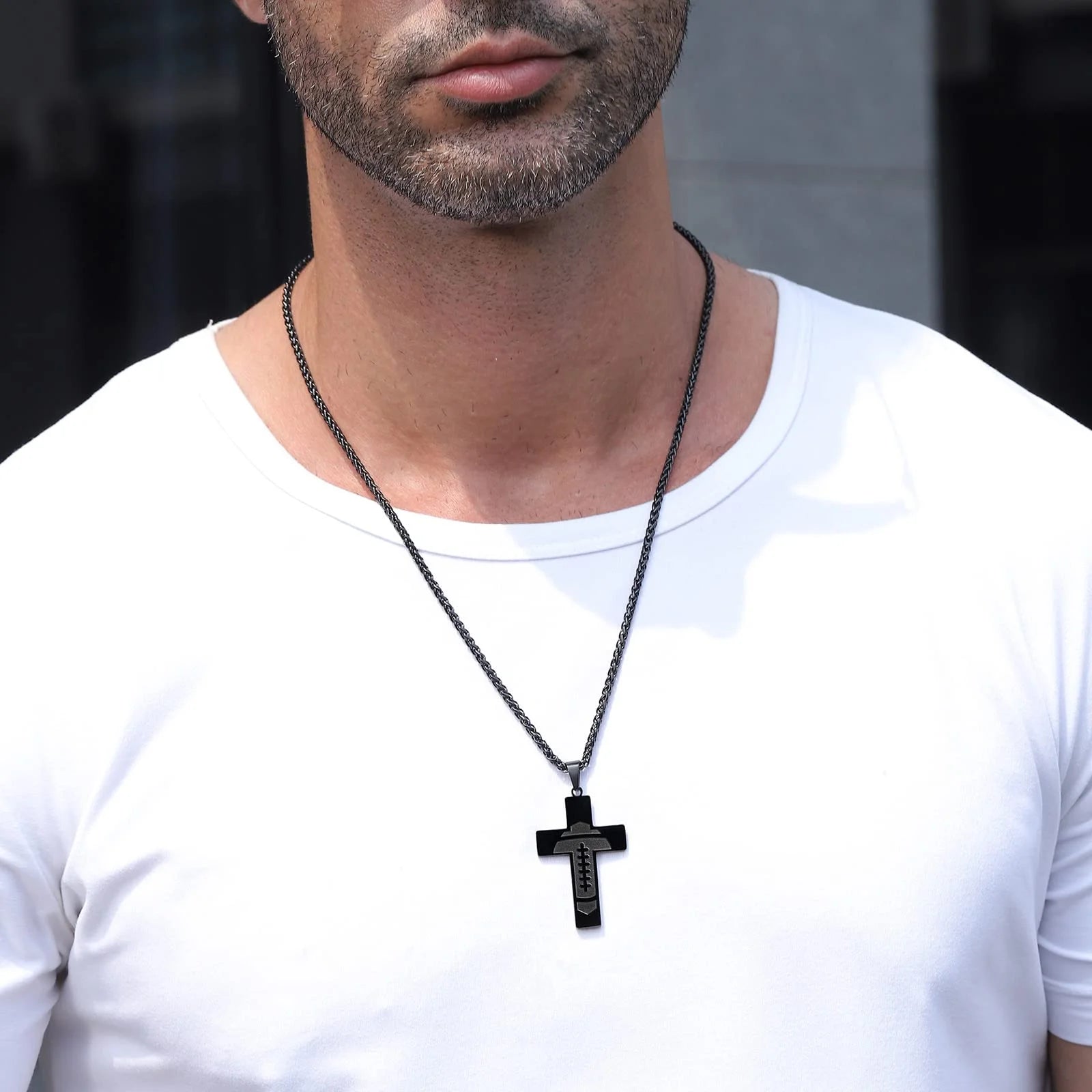 Football Cross Necklace for Men Stainless Steel Bible Verse Lord&