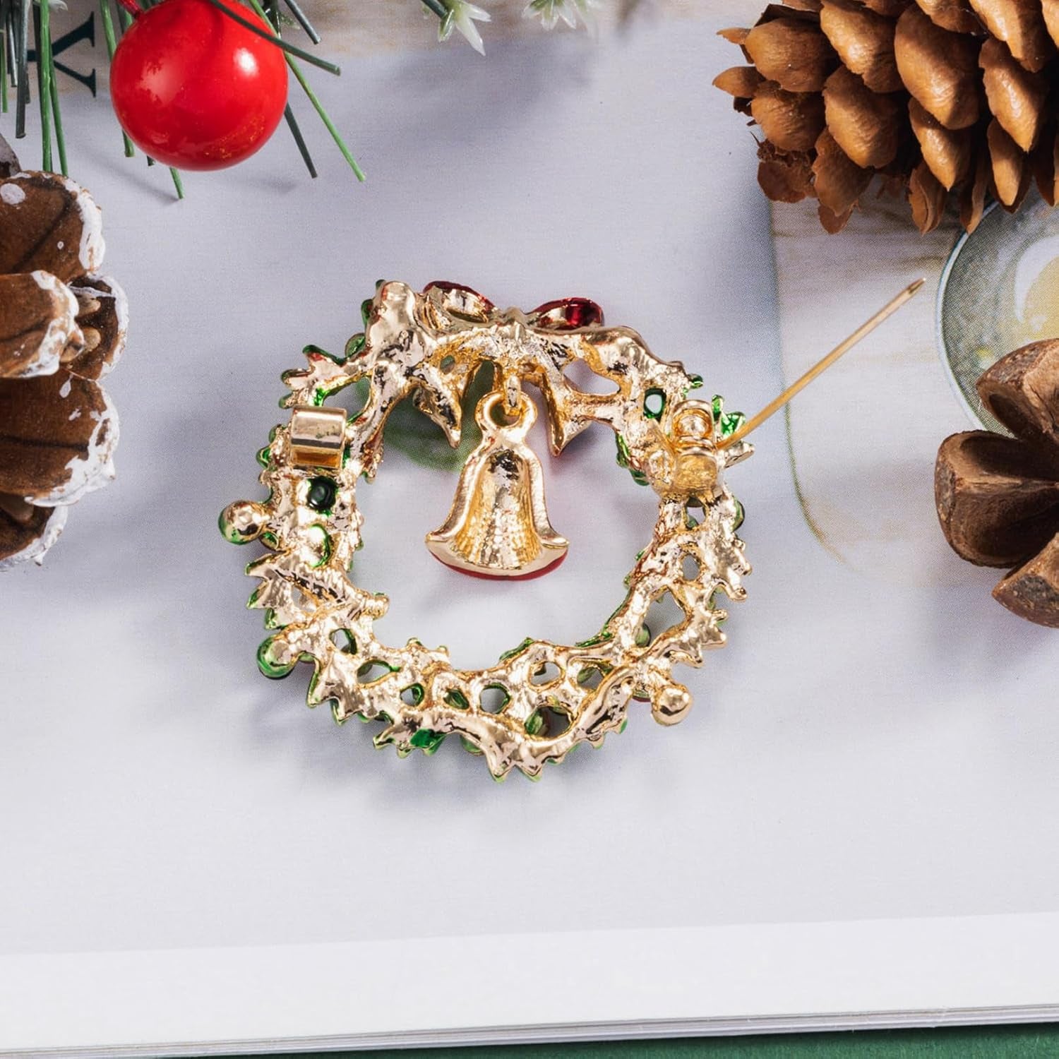 Gold Tone Wreath Brooch Pin with Green & Red Austrian Crystals, Enamel, and Bell