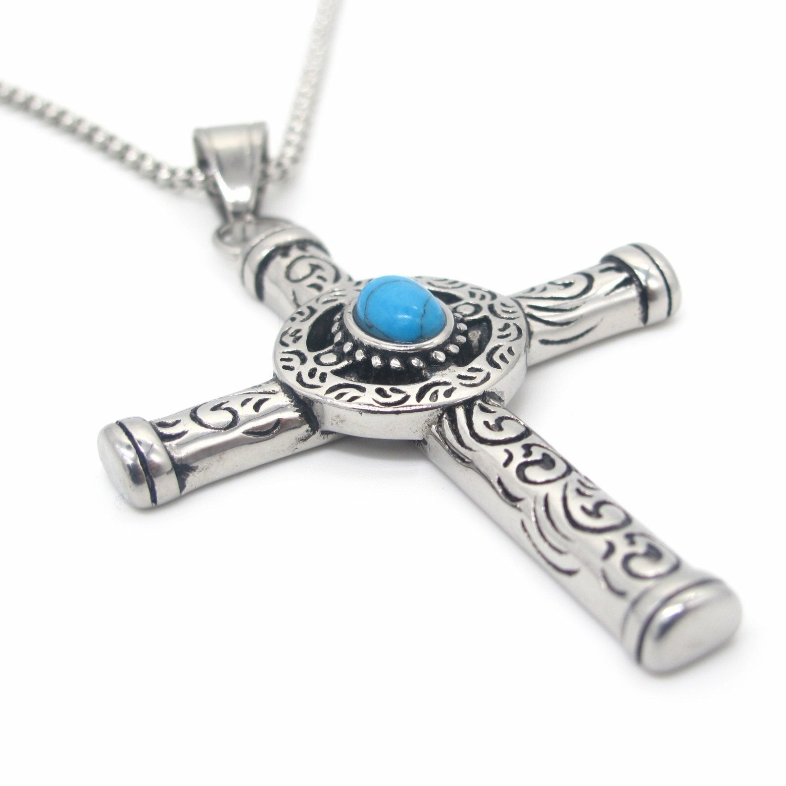 MENDEL Men’s Celtic Norse Turquoise Cross Necklace – Stainless Steel Gothic Pendant