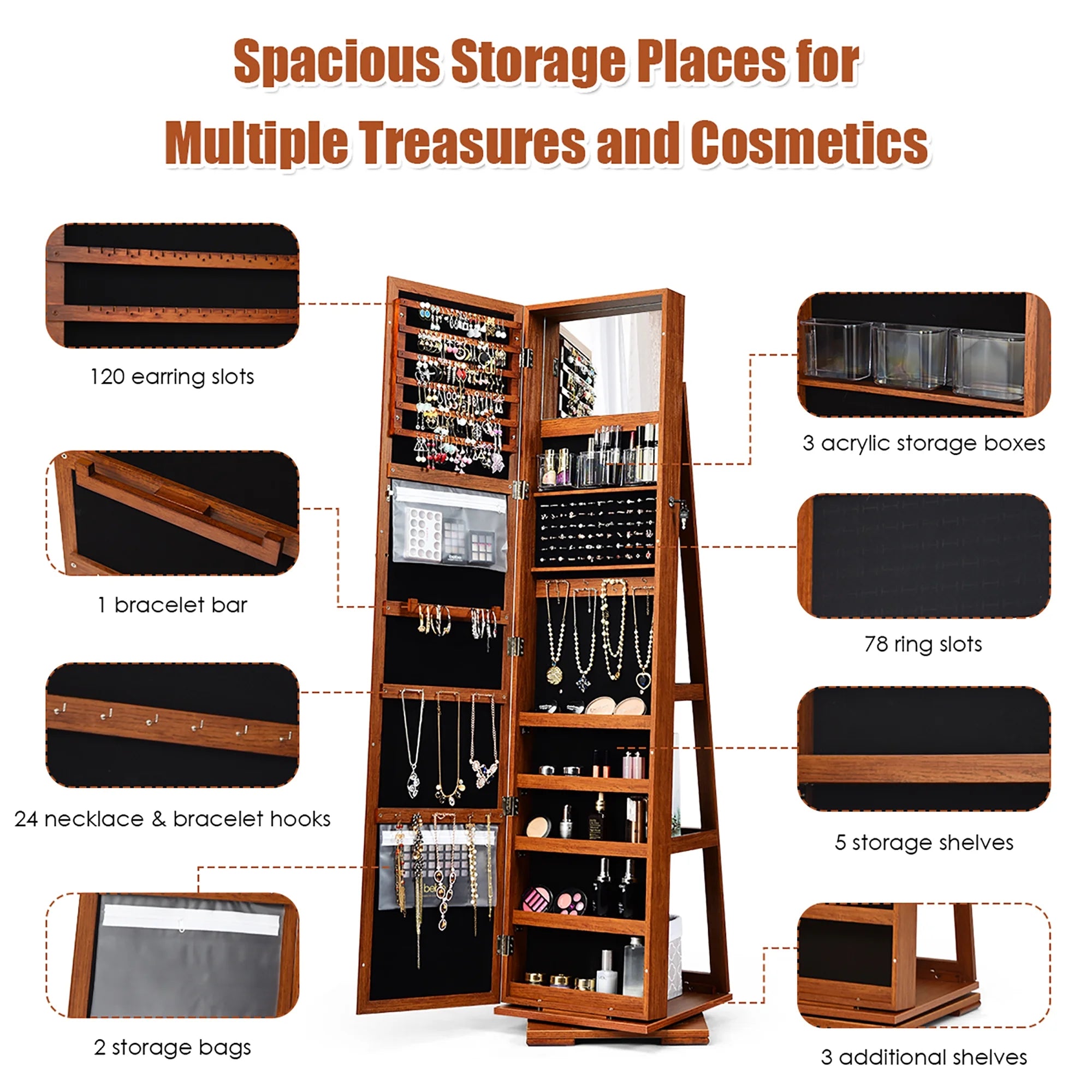 360Degree Rotatable Jewelry Cabinet 2-In-1 Lockable Mirrored Organizer Brown