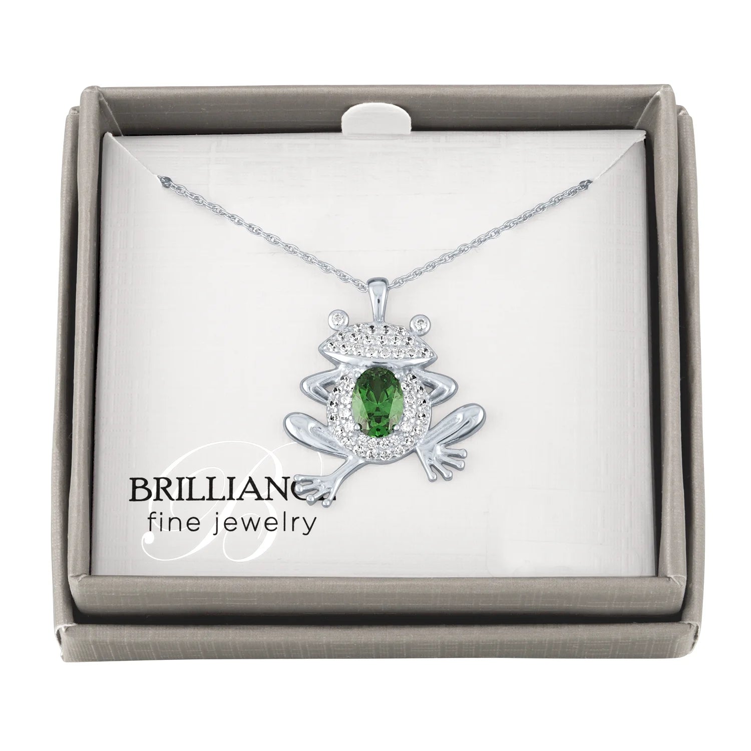 Frog Pendant Necklace – Simulated Emerald & Cubic Zirconia in Sterling Silver, 18”