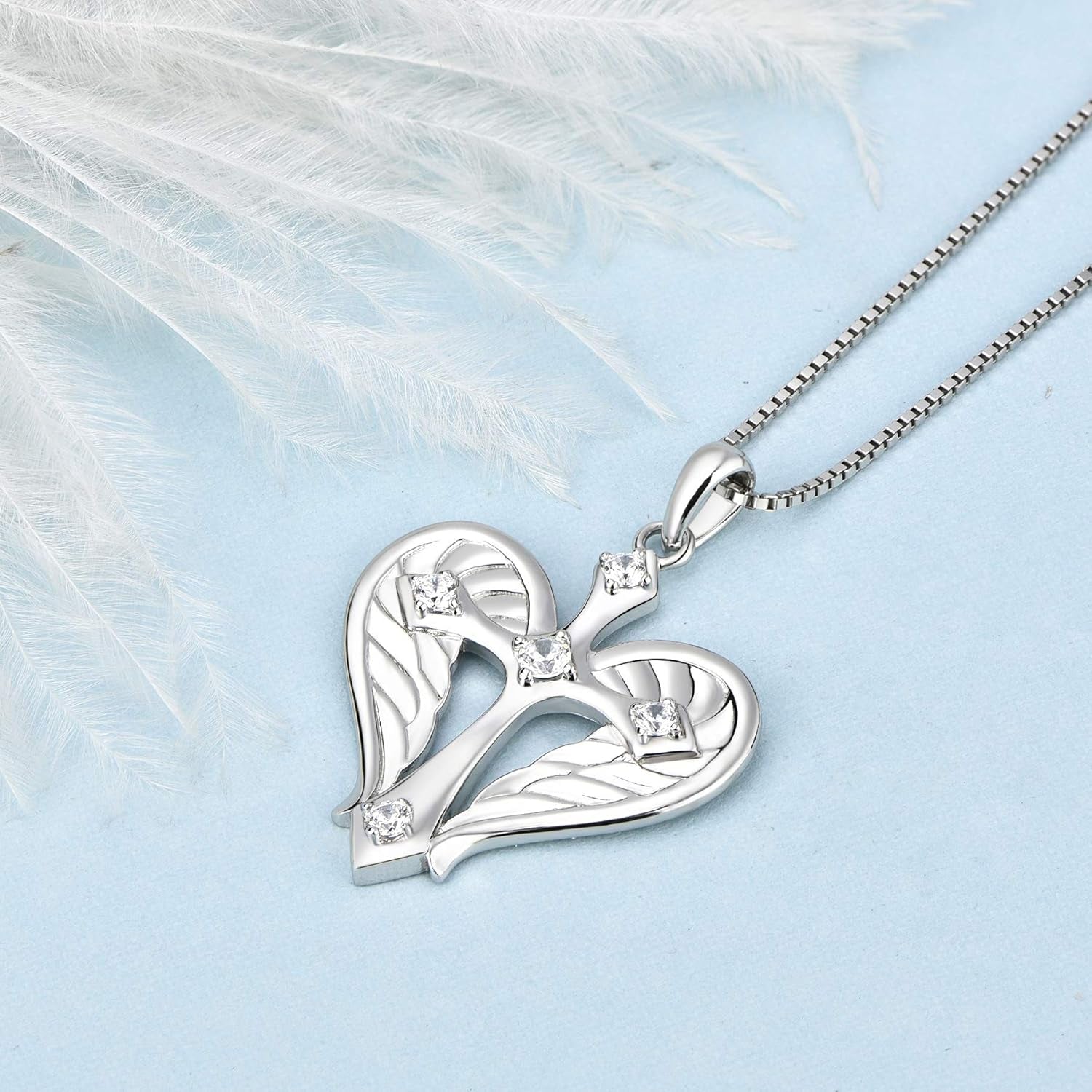 925 Sterling Silver Cross Necklace – Heart & Angel Wings Pendant for Women