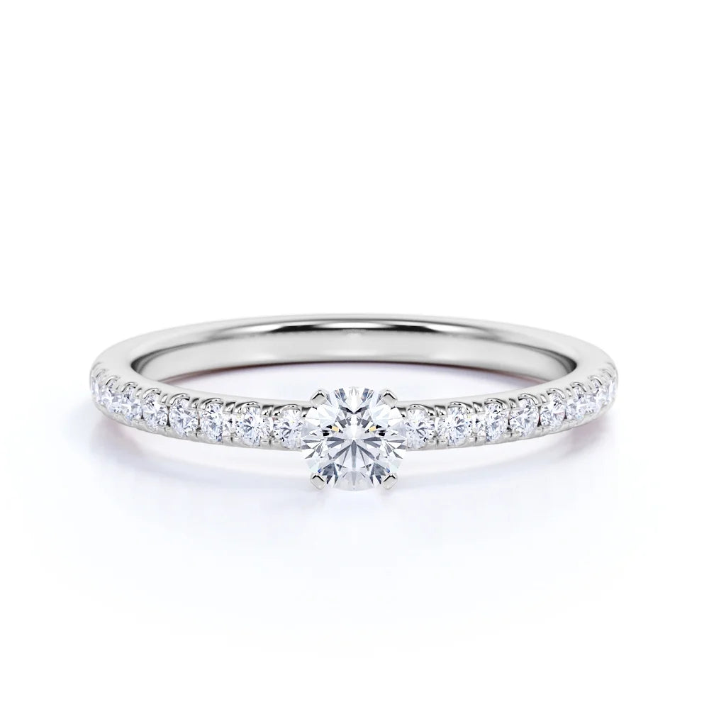 Simple 1 Ct Natural Circle Moissanite Ring – Dainty Micro Pave Thin Band Engagement Ring in 18K White Gold over Silver