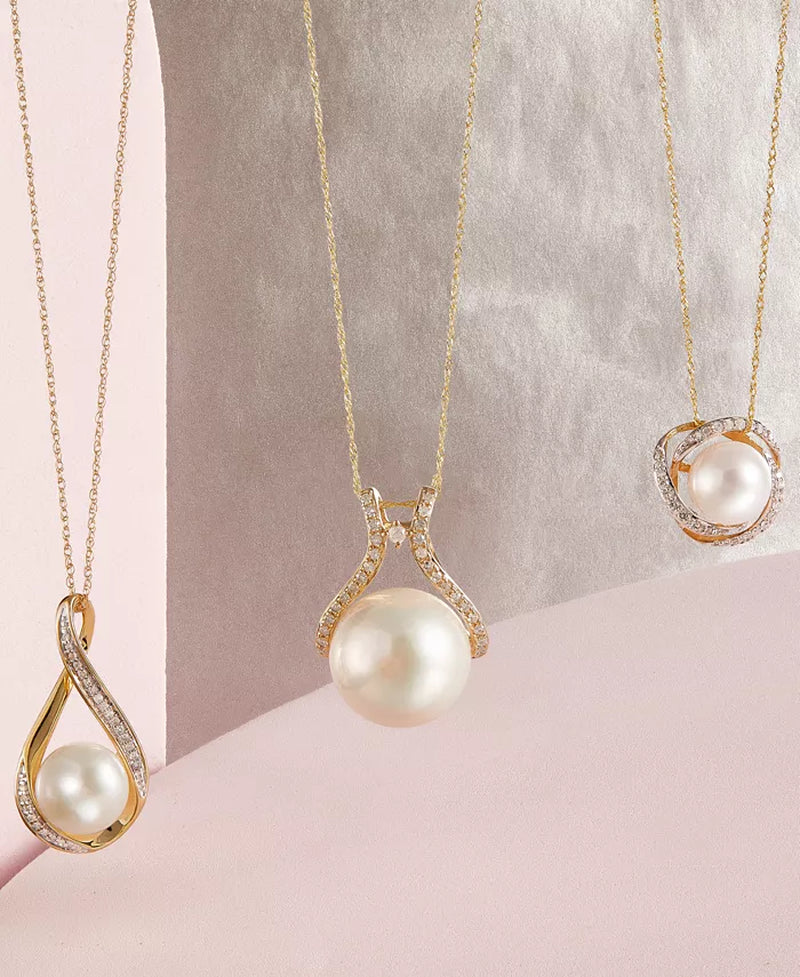 Cultured Freshwater Pearl (9mm) and Diamond Accent Pendant Necklace in 14K Gold – 18"