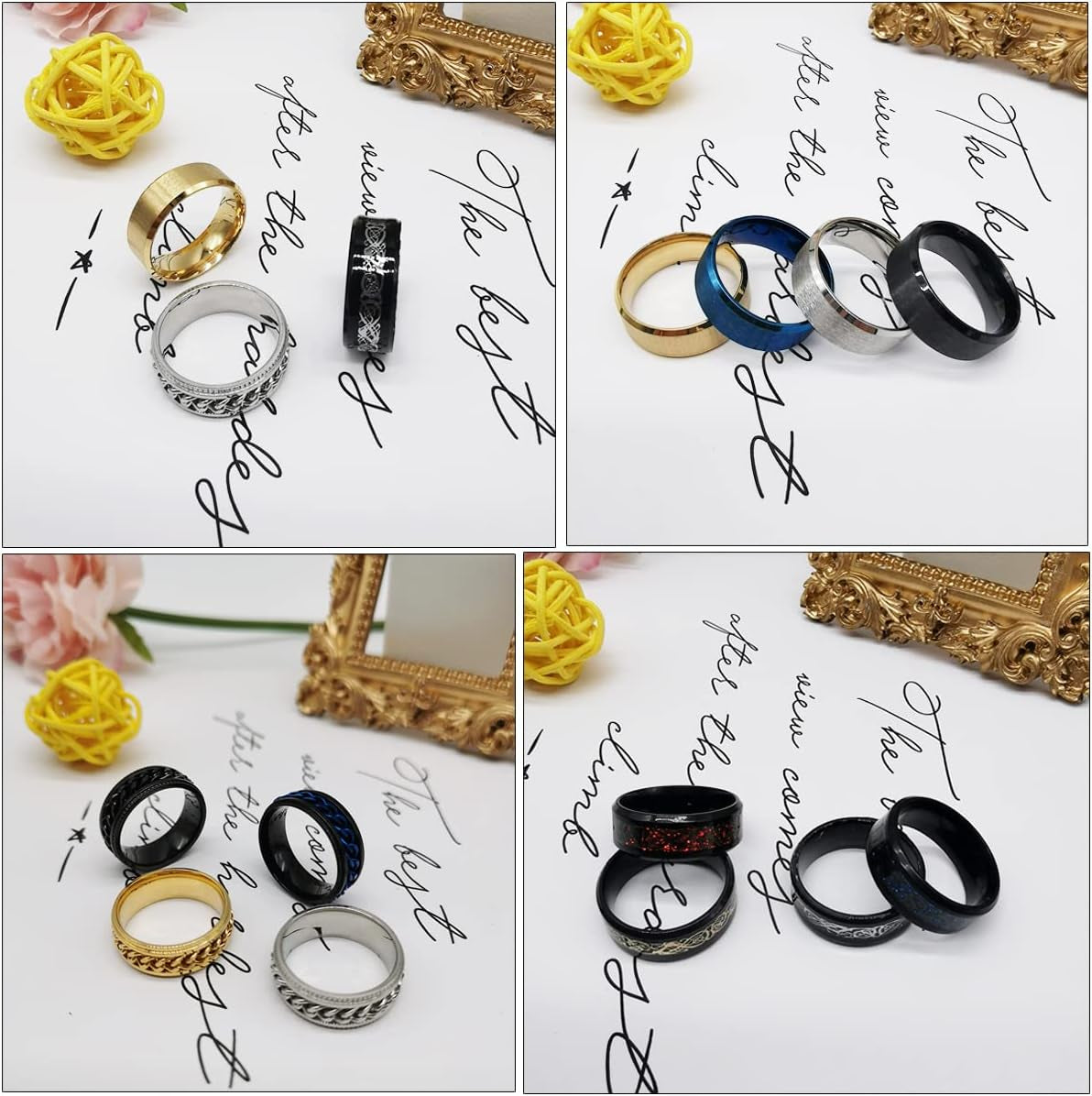 12Pcs 8mm Stainless Steel Fidget Spinner Rings Set – Anxiety Relief Chain Rings with Dragon Pattern for Men & Women (Sizes 7–11)