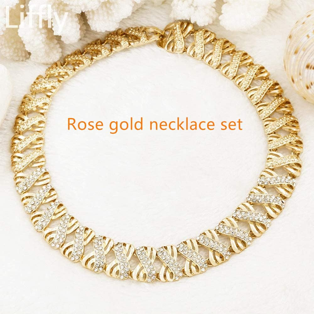 Liffly 18K Gold Tone Crystal Jewelry Set – Necklace, Earrings, Bracelet & Adjustable Ring for Women