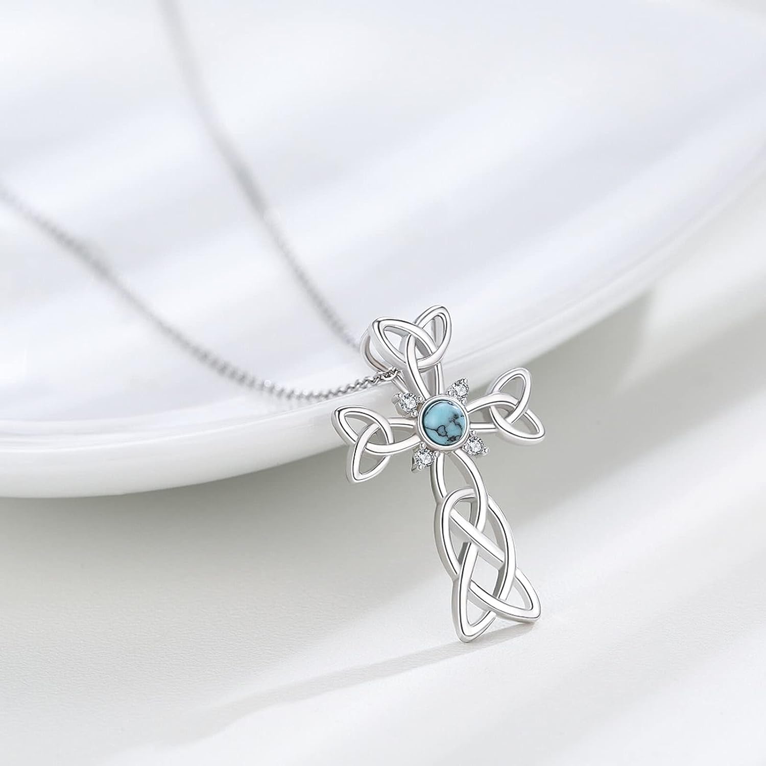 Cross Necklace 925 Sterling Silver Celtic Knot Cross Necklace with round Shape Turquoise Pendant Jewelry Gifts for Women