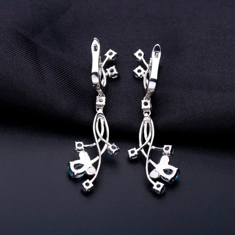 Flower Design 3.89T Natural Sky Blue Topaz Gemstone Drop Earrings – 925 Sterling Silver Bridal Wedding Jewelry