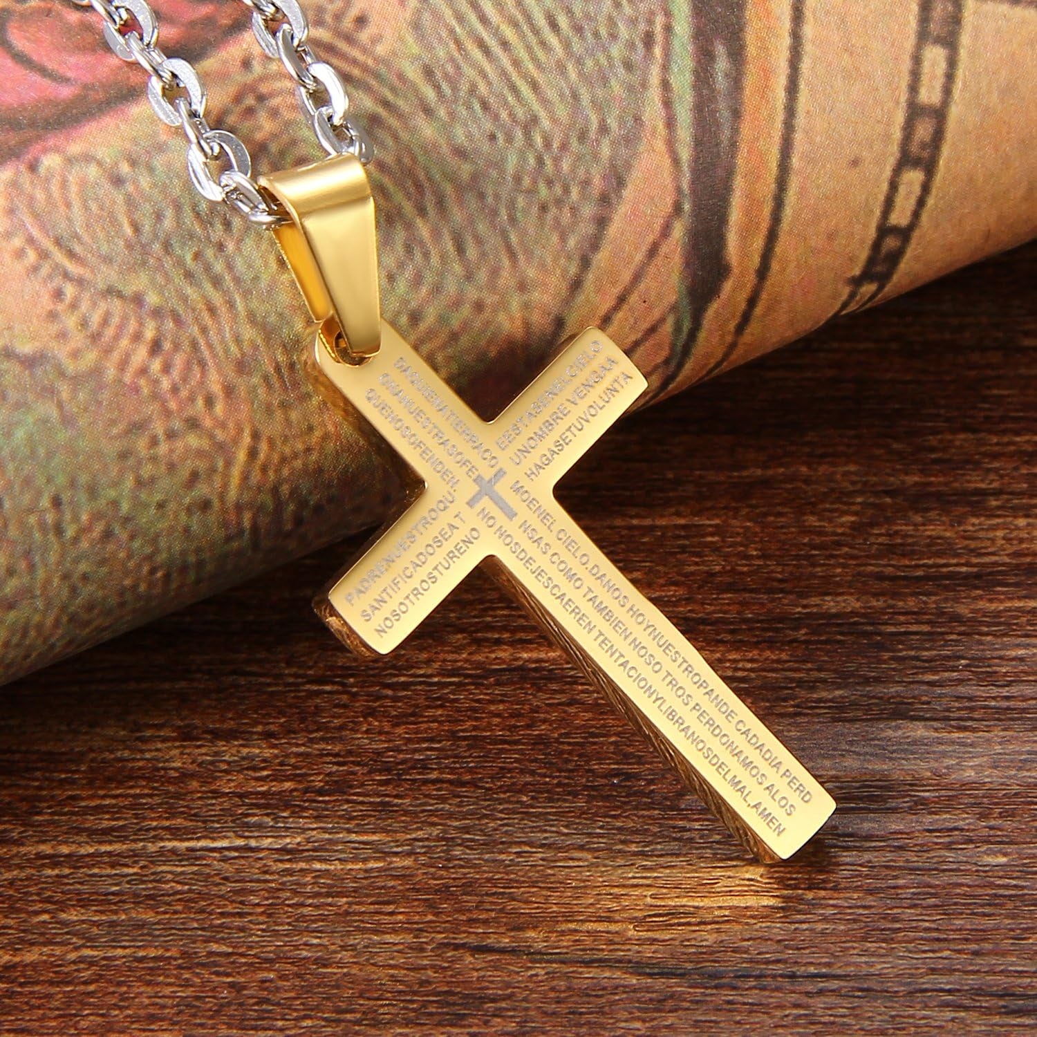 Men’s Stainless Steel Religious Bible Lord’s Prayer Cross Pendant Necklace – 22" Chain | Christian Faith Jewelry