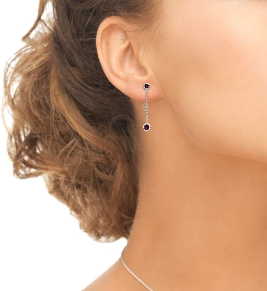 Sterling Silver Two-Stone Bezel-Set Drop Dangle Earrings – Genuine & Synthetic Gemstone Round Earrings for Women