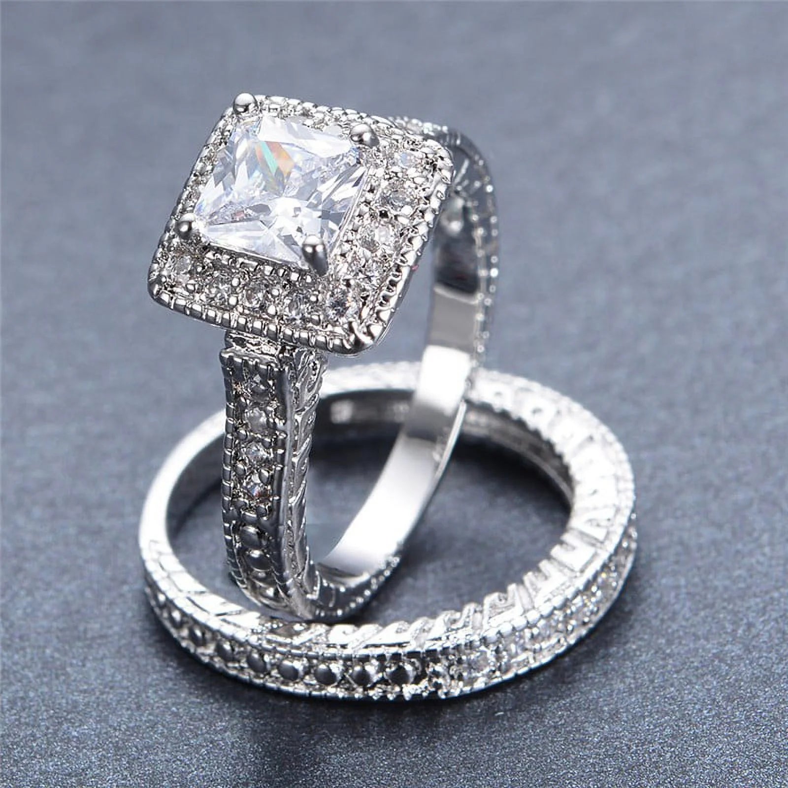 1 Carat Princess Cut Moissanite Wedding Set – Bridal Engagement Ring, Vintage Milgrain & Halo Design in 18K White Gold over Silver