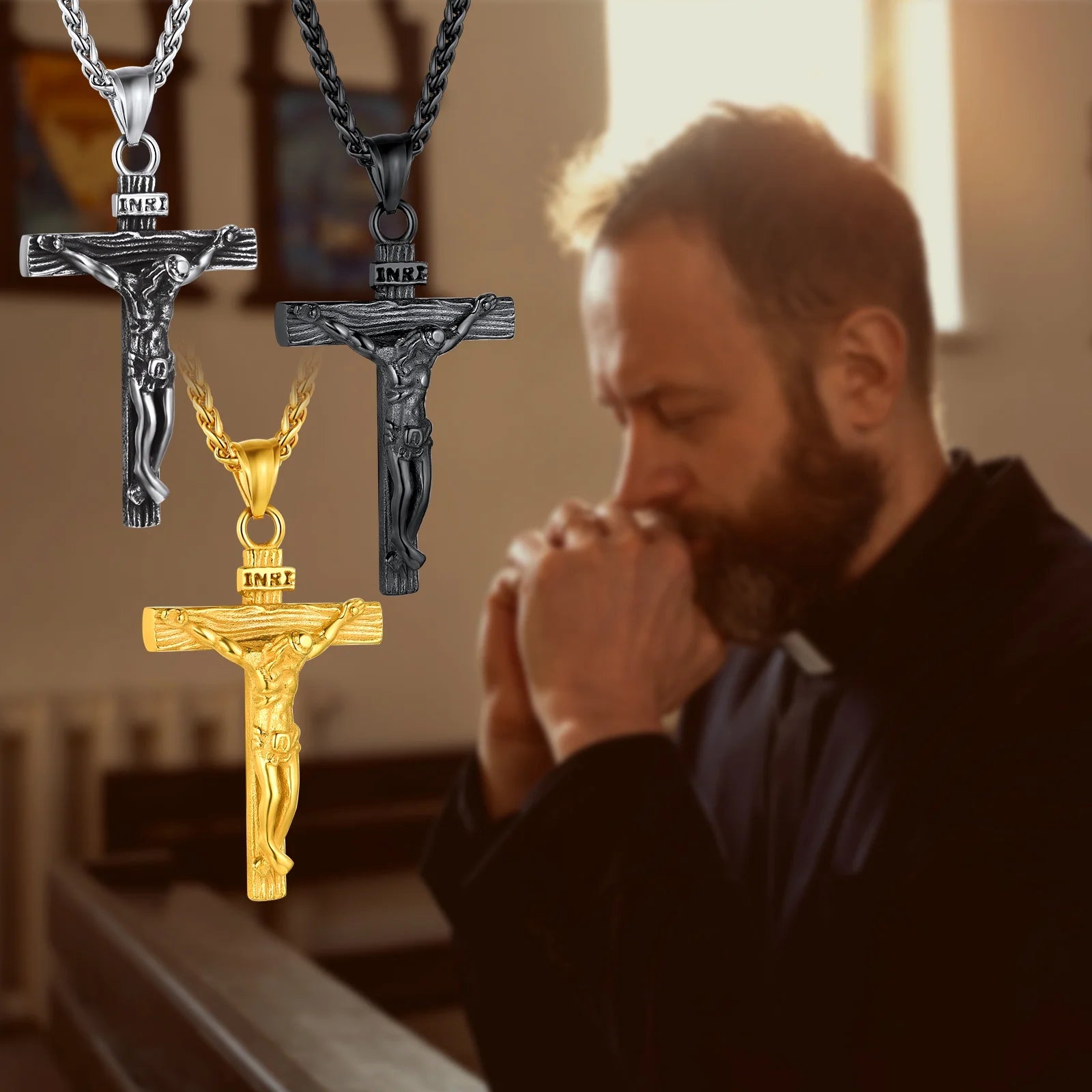 Men’s Stainless Steel Cross Necklace – INRI Crucifix Pendant, Religious Jesus Piece Praying Jewelry for Christian Dad, Father’s Day Gift