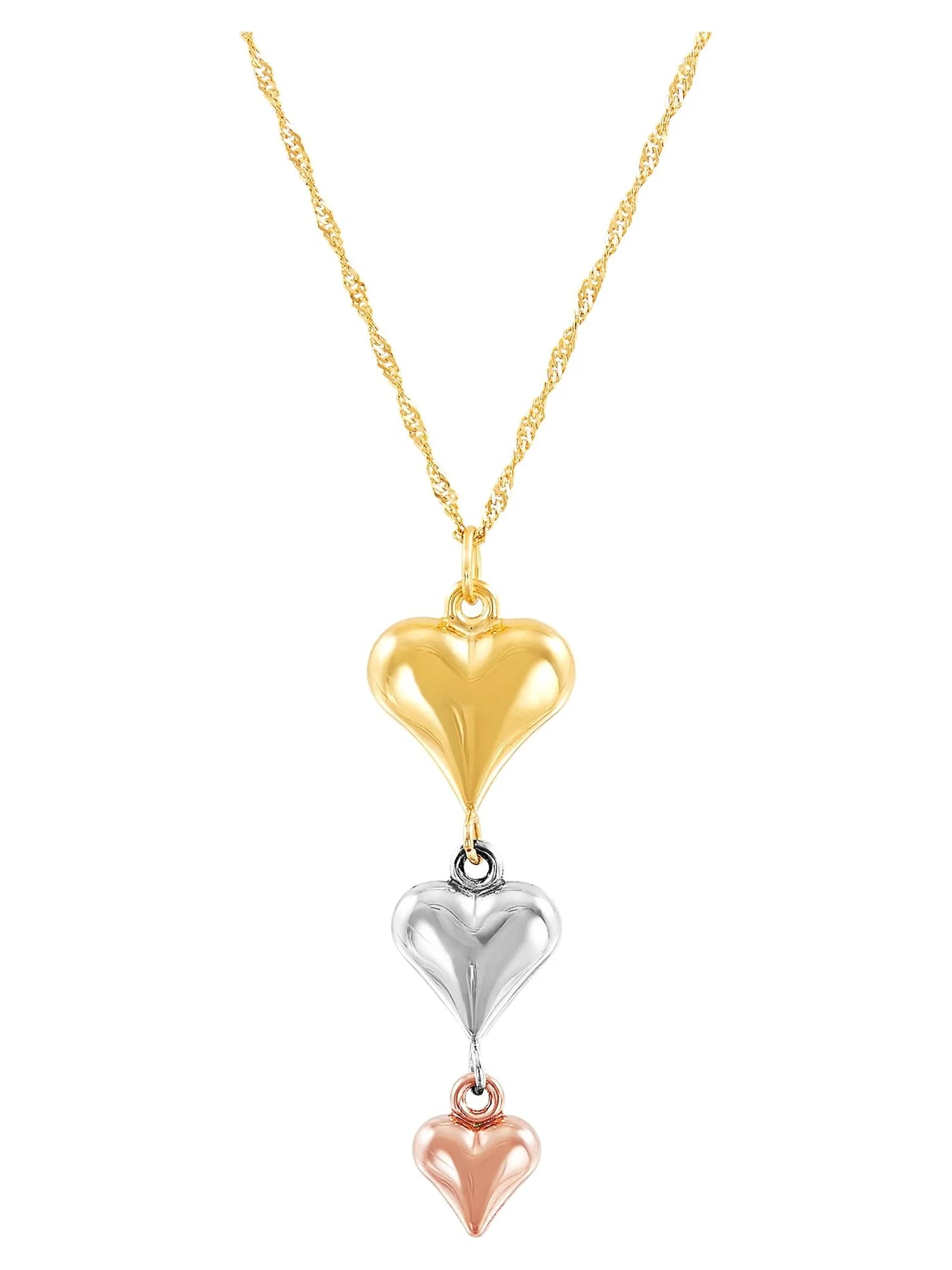 10K Yellow, White & Pink Gold Puffed Heart Necklace – 18"