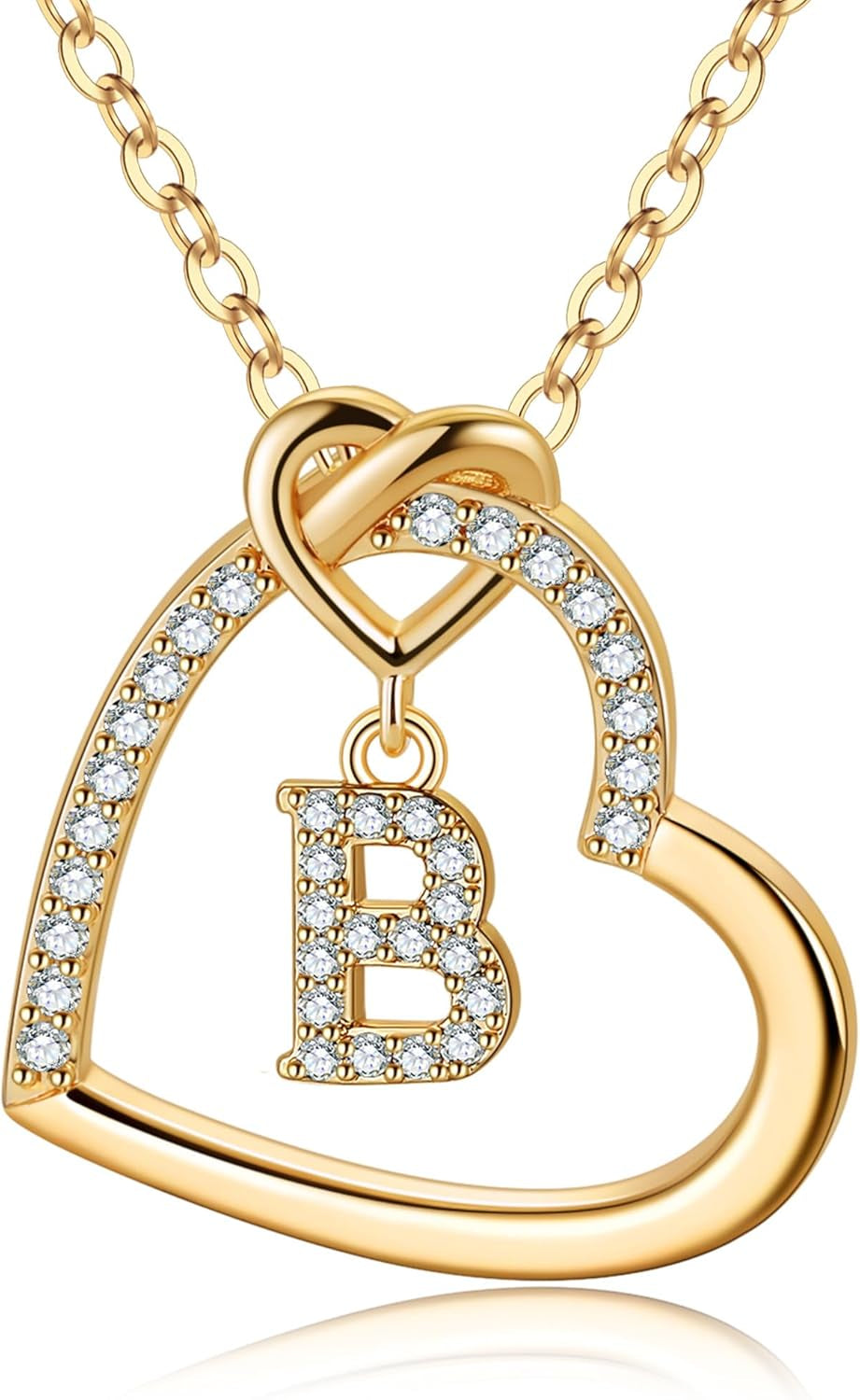14K Gold Plated Heart Initial Necklace – Dainty Cubic Zirconia Pendant for Girls, Teens & Women (A–Z)