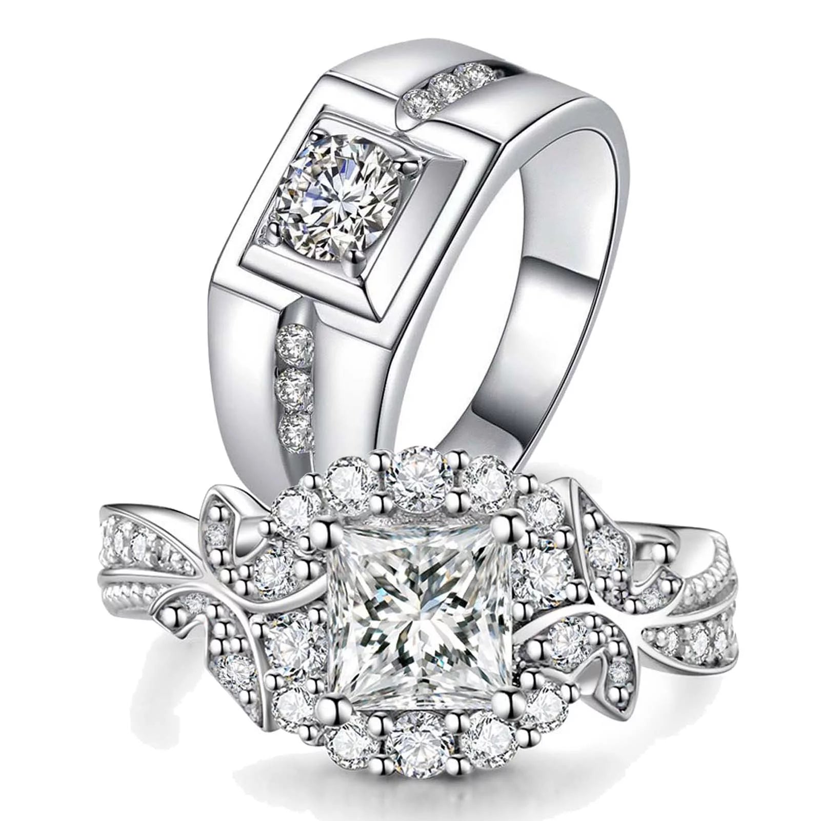 Matching Couple Rings – 10Kt White Gold Plated CZ Wedding Ring Set for Women & Men