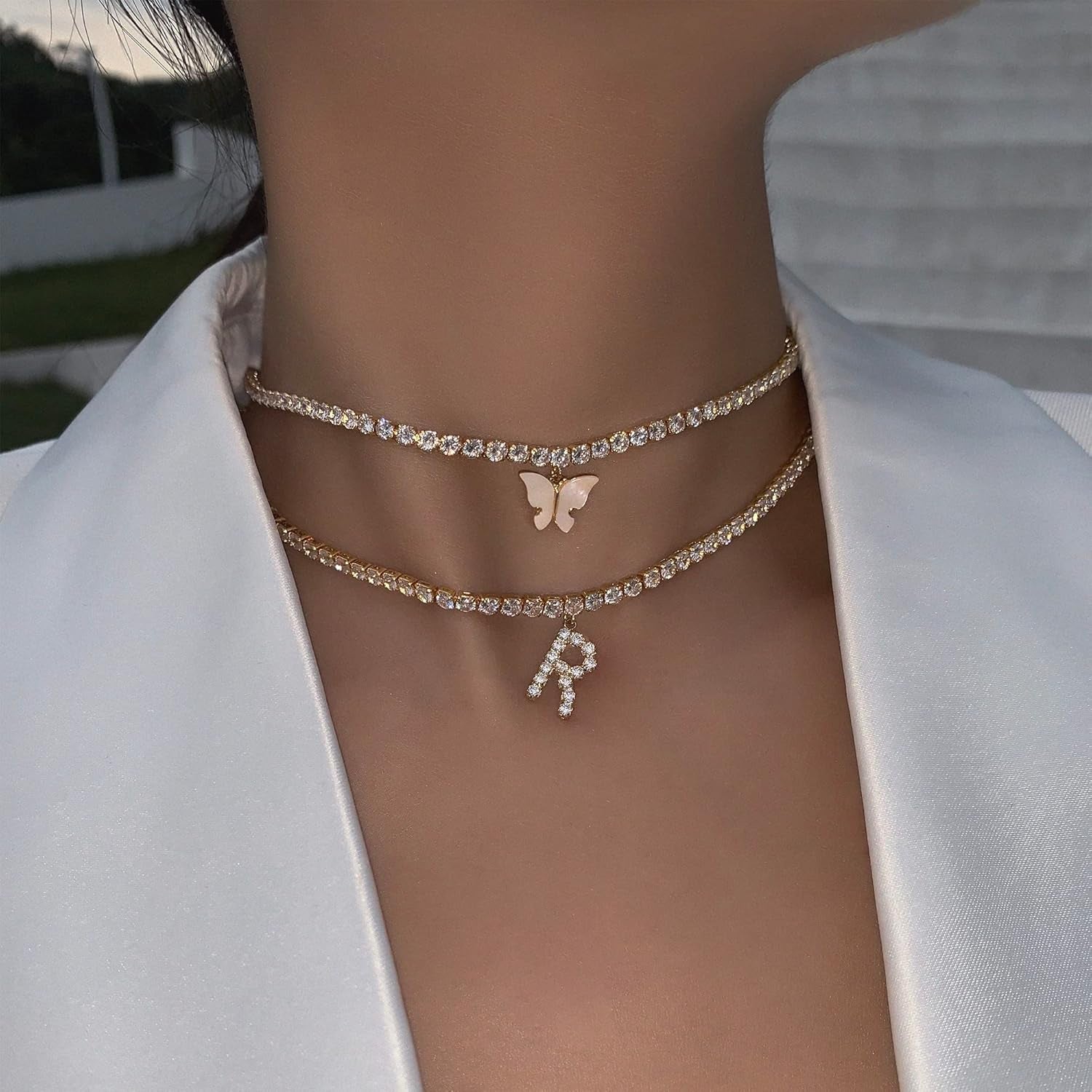 14K Gold Plated Letter Necklace – Iced Out CZ Initial Pendant on Tennis Chain Choker for Women
