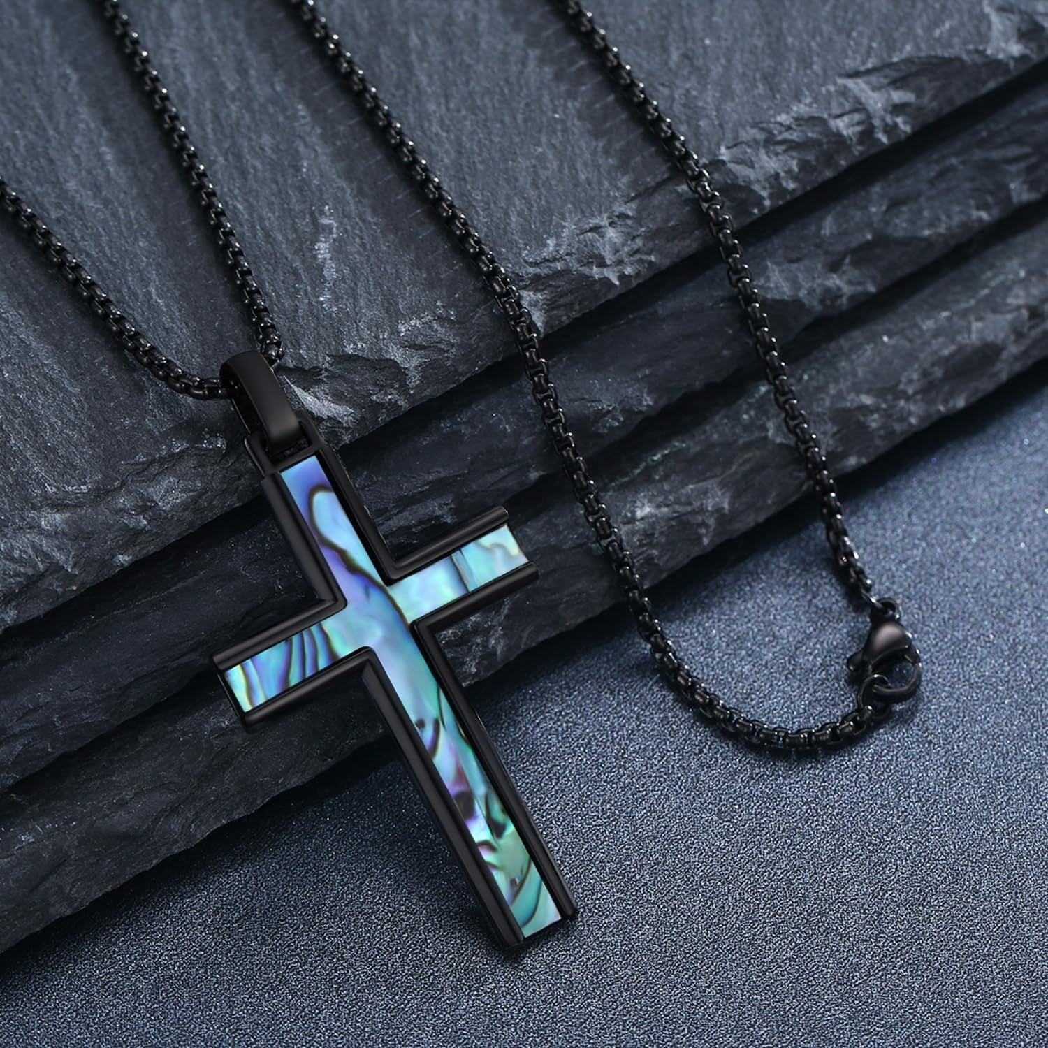 925 Sterling Silver Black Cross Necklace with Abalone Shell Inlay