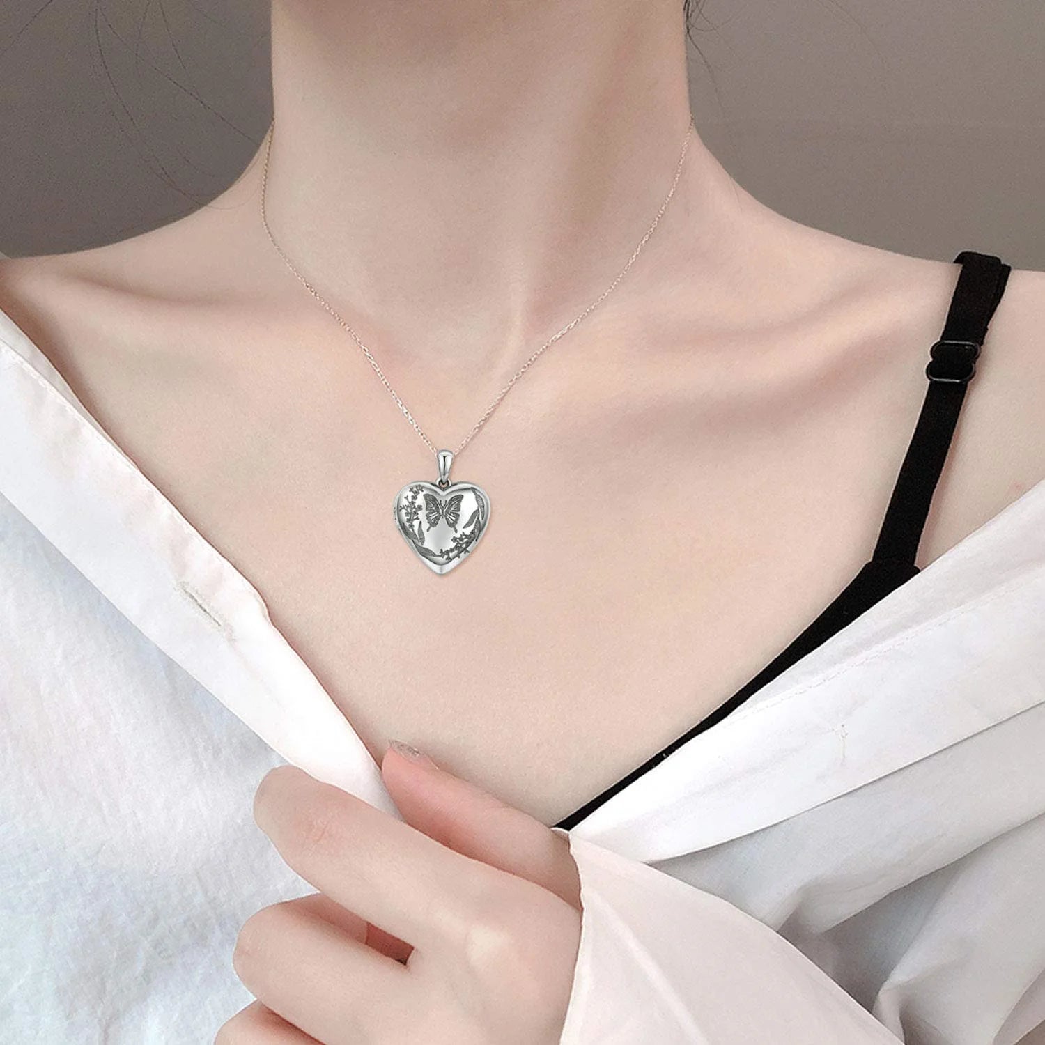 925 Sterling Silver Butterfly Heart Locket Necklace – Memorial Picture Pendant Jewelry