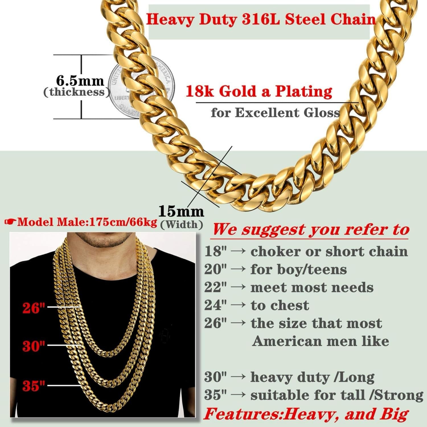 Miami Cuban Link Chain for Men – 15mm 18K Gold Stainless Steel Curb Necklace, Hip Hop Jewelry