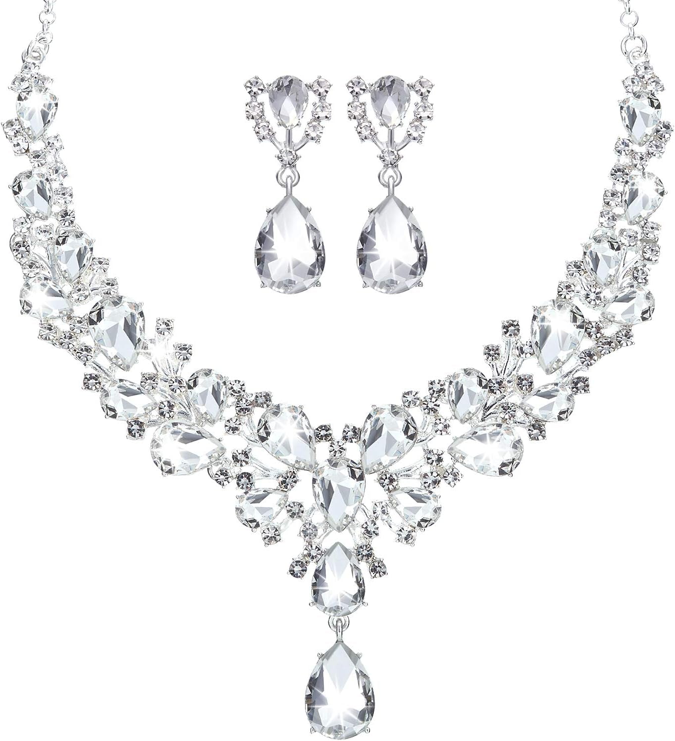 Bridal Teardrop Cluster Crystal Jewelry Set for Women – Necklace & Earrings Set for Weddings, Brides, and Formal Events