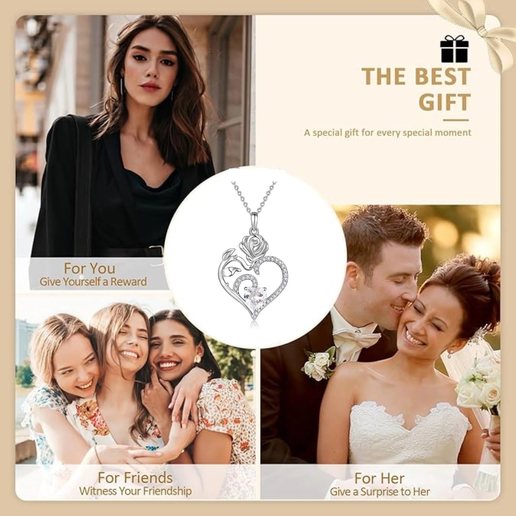 925 Sterling Silver Rose Flower Heart Birthstone Necklace – Love Pendant Jewelry for Women, Mom | Valentine&