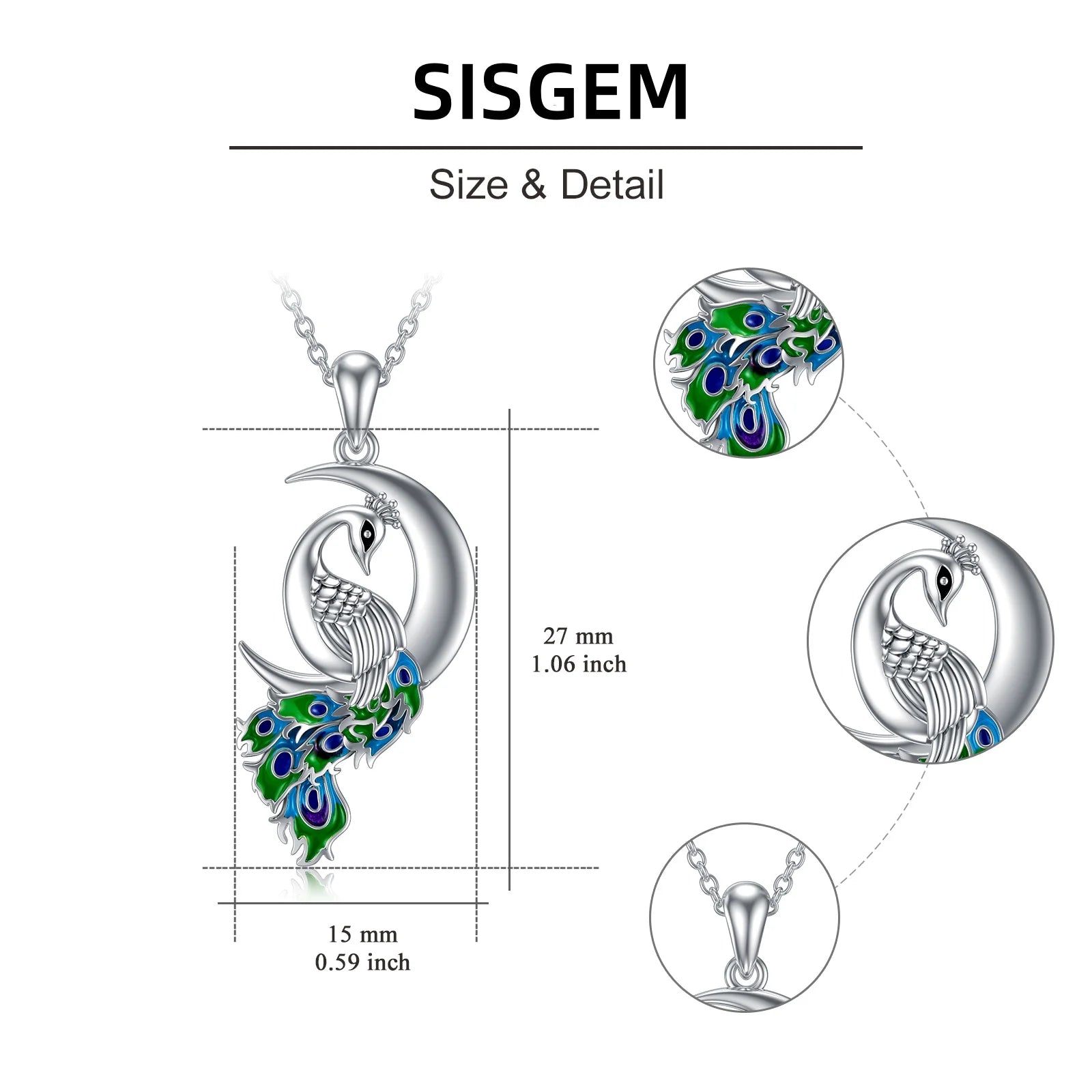 Peacock Moon Crystal Necklace – 925 Sterling Silver Crescent Pendant Jewelry for Women