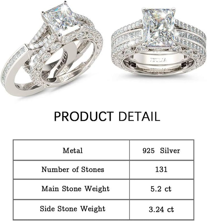 5.2 Carat Radiant Cut Engagement & Wedding Ring Set for Women – 925 Sterling Silver with Side Stones – CZ Promise & Anniversary Rings
